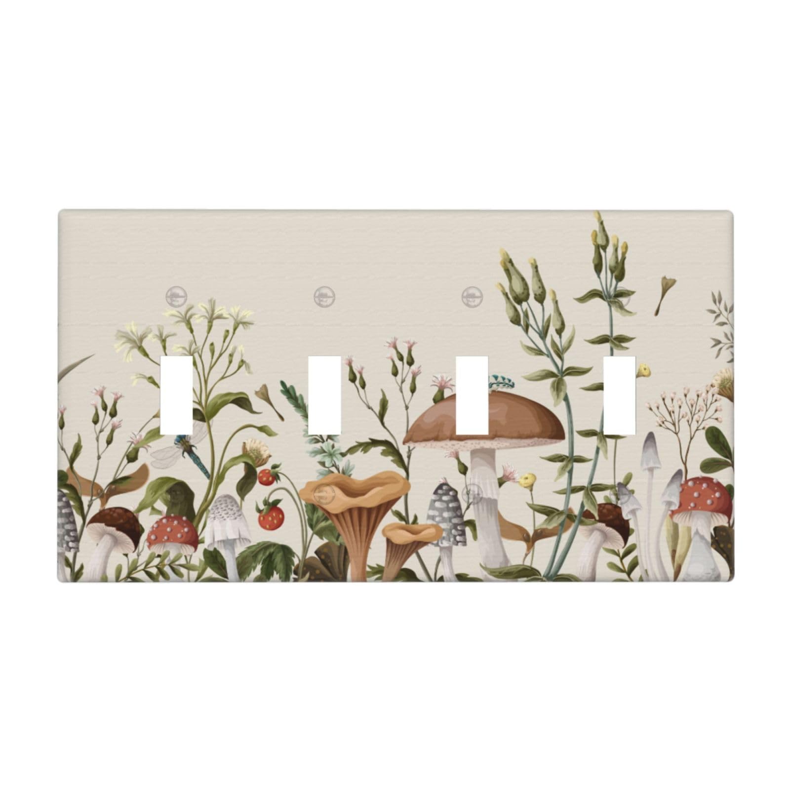 Beige Boho Mushroom Floral Decorative 4 Gang Quad Toggle Light Switch Cover Plate Decorative Electric Quadruple Device Faceplate Switchplate Screwless