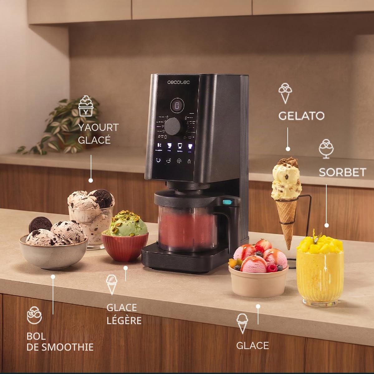 Cecotec Machine à Glaces - Sorbetière - 1,35 L - Gelatec 1800. 700 W, 10 Programmes, Boutons Tactiles et Commande Rotative, Glaces et Boissons en 3 Étapes, 3 Bacs BPA Free, Onctuosité Parfaite