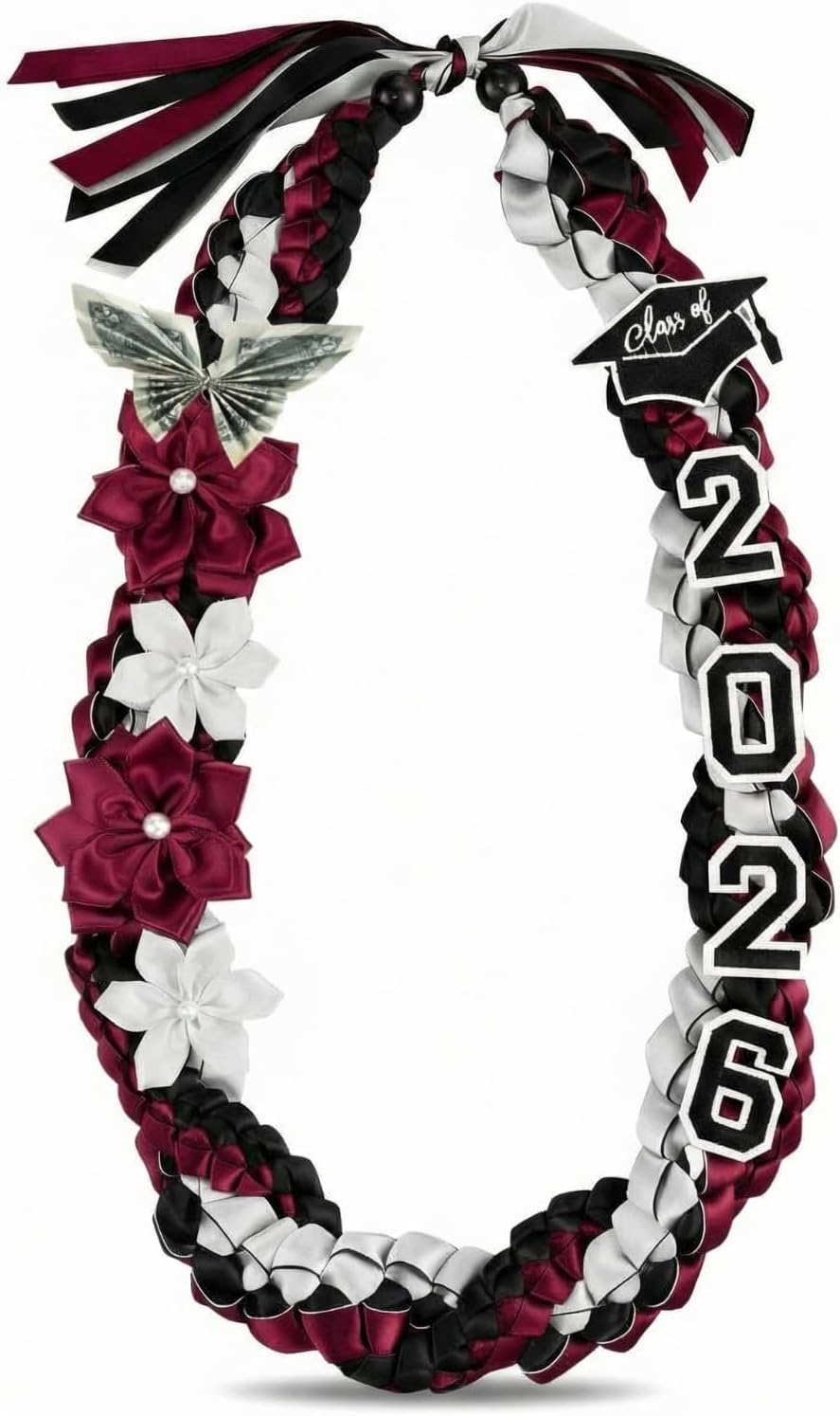 Lyrow 50'' 2026 Graduation Lei Double Braided Strands Graduation Ribbon Leis with 4 Satin Flowers Congrats Graduates Money Leis Class of 2026 Gift for Men Women