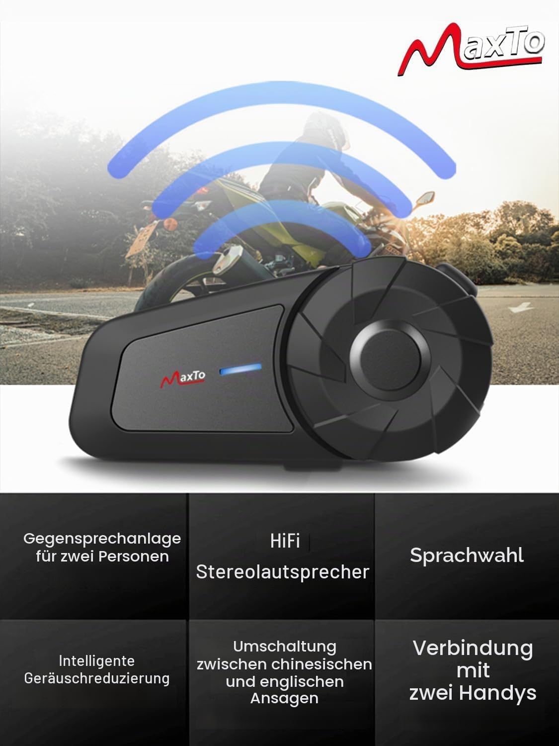 MAXTO Motorradhelm Bluetooth Headset Outdoor Headset Freisprecheinrichtung Lautsprecher Bluetooth 5.3 EDR Wireless Motorrad Headset Automatischer Anwser Headset Hohe Klangqualität Kopfhörer,2 Pack