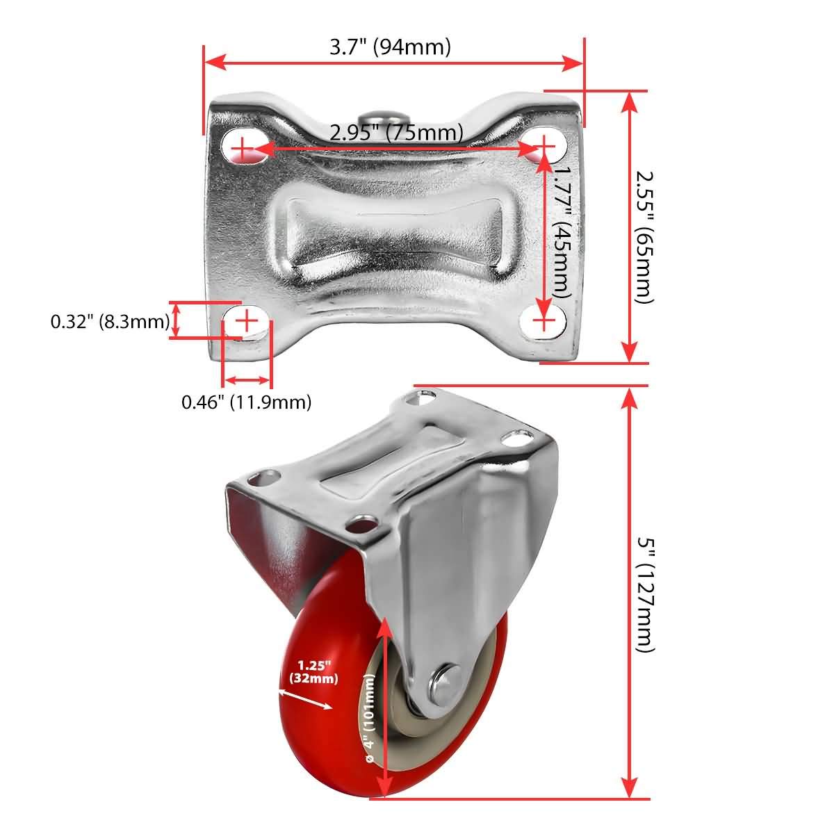 4 Pack 4" Caster Wheels On Red Polyurethane Wheels Top Plate Non Swivel Rigid Fixed Stationery with Hardware