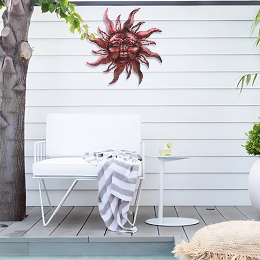 HOBYLUBY 28'' Outdoor Wall Decor Rust Proof, Sun Face Metal Wall Art Decor Hanging for Indoor Outdoor, Patio, Fence, Garden(Brown)