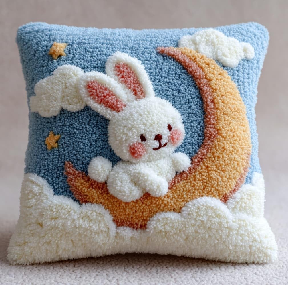AxiangziK Latch Hook Kits for Adults Beginners 17x17in,Rabbit on the Moon Creative Latch Hook Pillow Kit with Preprinted Canvas for Home Decoration and Present 43x43cm