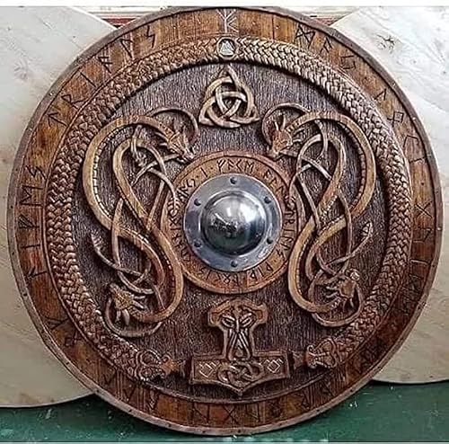 ALFA NAUTICAL Bouclier viking médiéval en bois rond avec visage de dragon - Objets de collection - 61 cm - Article de décoration d'intérieur - Marron – vue 4