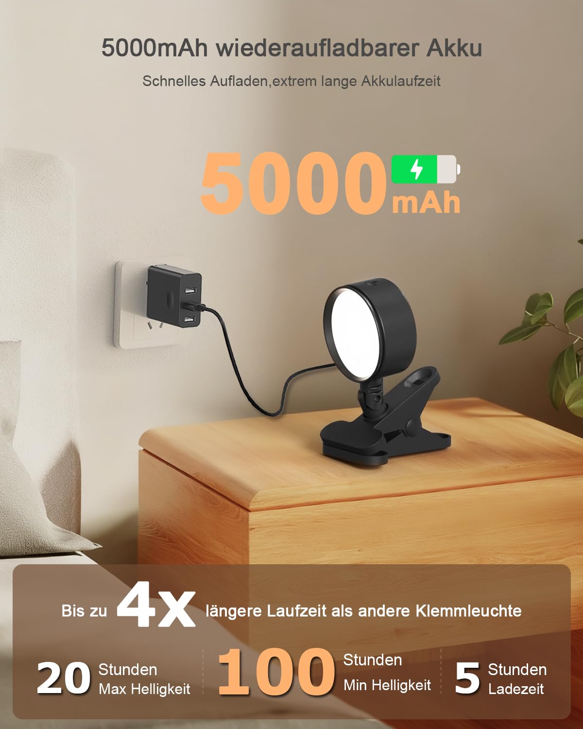 Leselampe Bett Akku Kabellos mit 5000mAh, Klemmlampe Bett mit 3 Farben Dimmbar Touch Fernbedienung, USB-C Klemmleuchte LED mit 360° Drehbare, Nachttischlampe Klemmbar für Schlafzimmer Camping