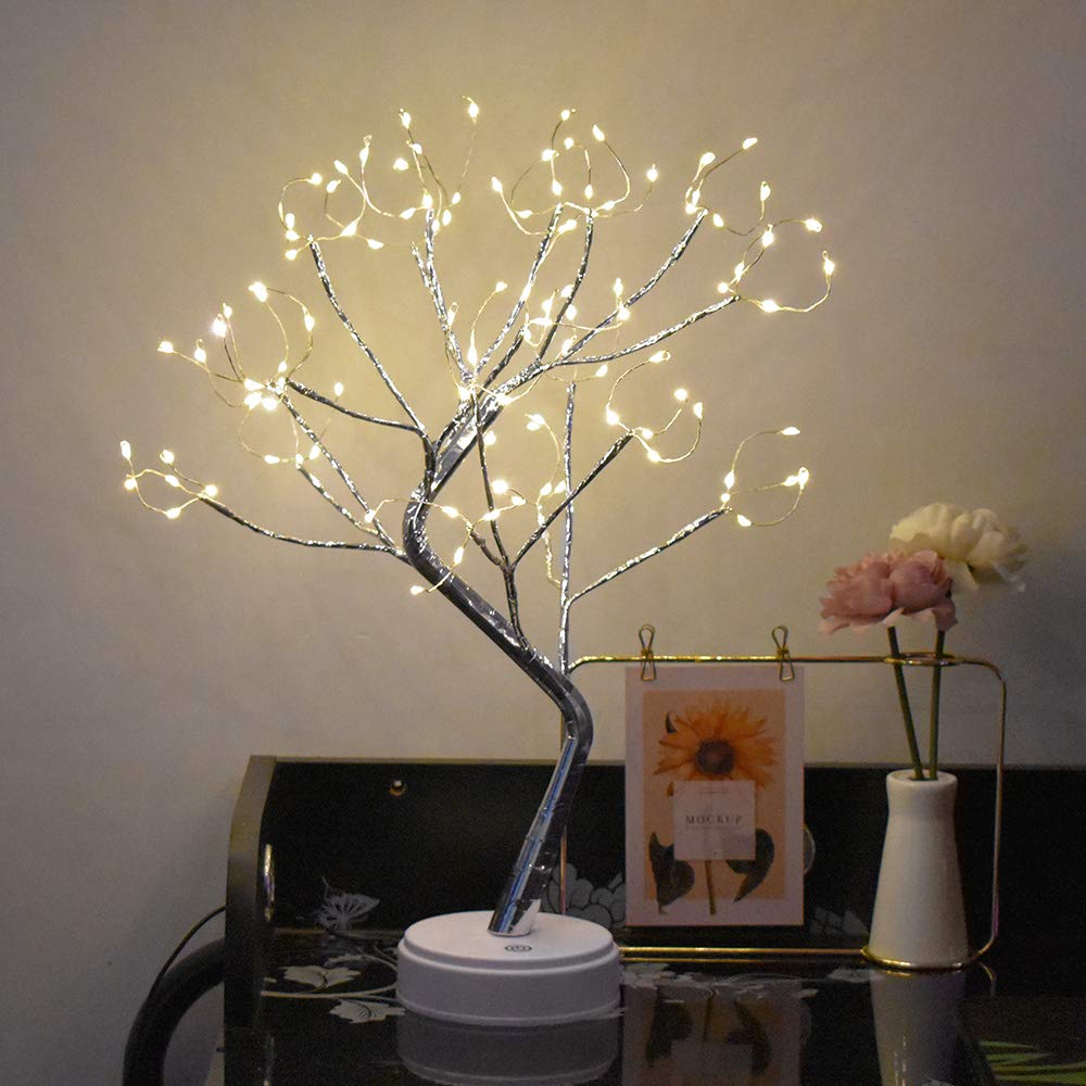 BuyWin Novelty Copper String Tree Light Starry Tree Night Lamps Battery&USB Powered LED Table Lights Firefly Tree Lights Decor for Wedding Bedroom, Everyday Home Decorations(Silver)