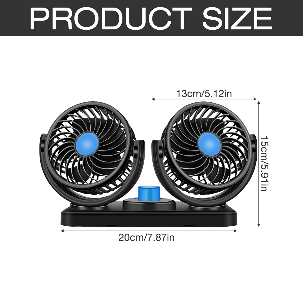 Ventilatore per auto a doppia testa, USB, 5V, raffreddamento 360°, compatibile con aria condizionata, basso rumore