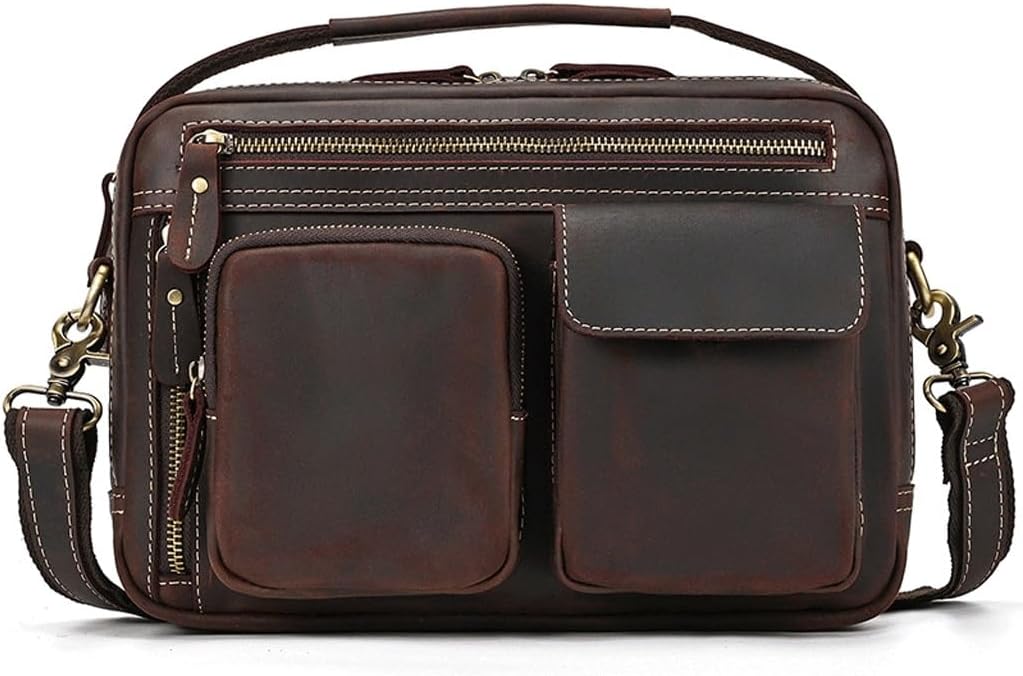 Vintage Shoulder Bag Crazy Horse Leather Skew Flat Tote Large Capacity Backpack