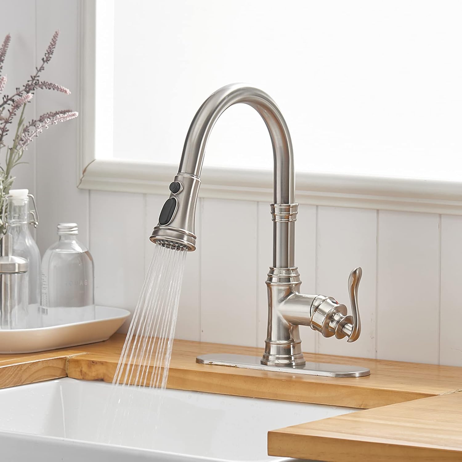 BWE Kitchen Faucet with Pull Out Sprayer 3 Spray Modes Brushed Nickel Single Handle Bundle with Bathroom Faucet Brushed Nickel Waterfall Single Handle Hole Sink Faucets