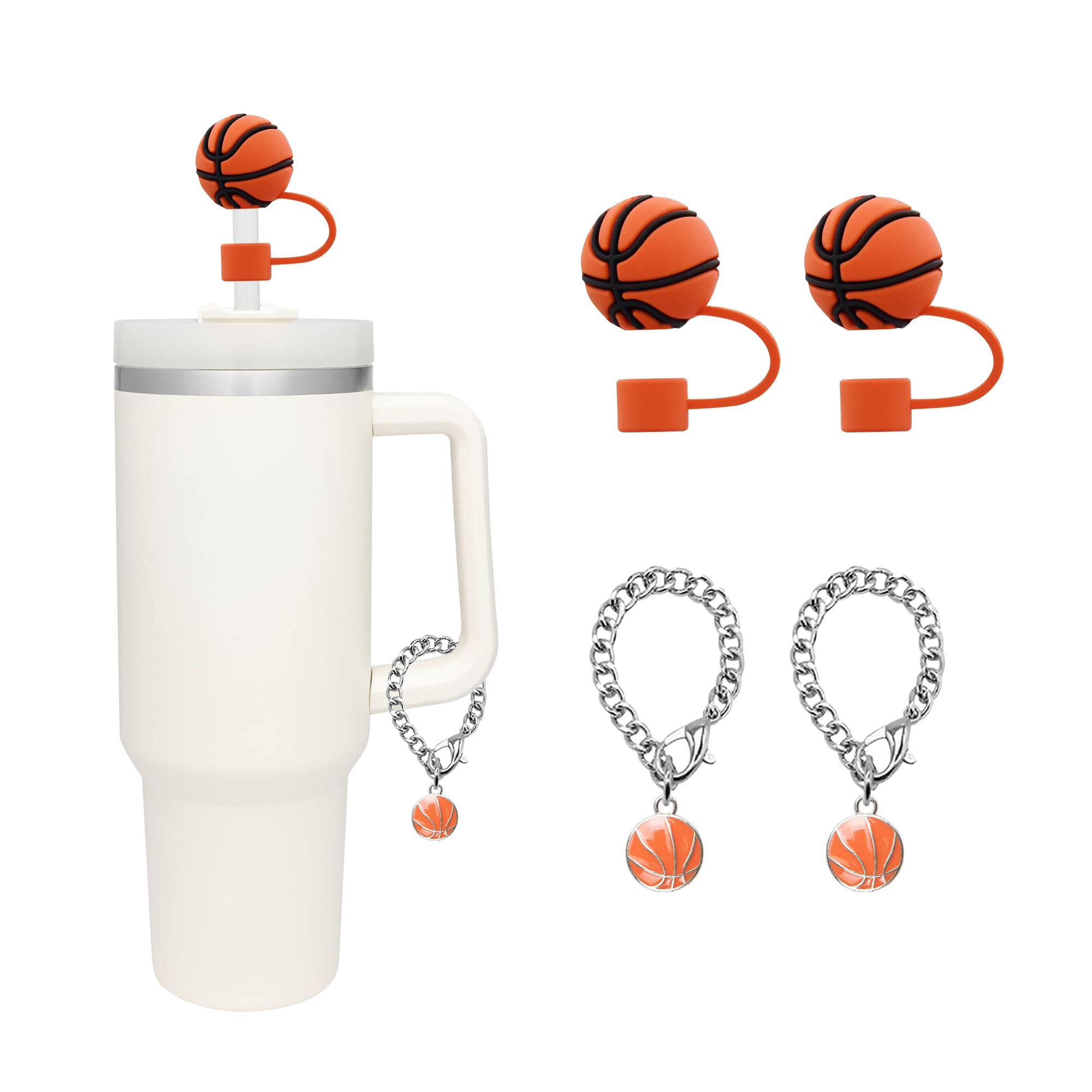 Basketball Straw Covers Cap for Stanley Cup 30&40 Oz, 2pcs 10mm Cute Silicone Straw Toppers Protector Lid for Tumblers with 2pcs Basketball