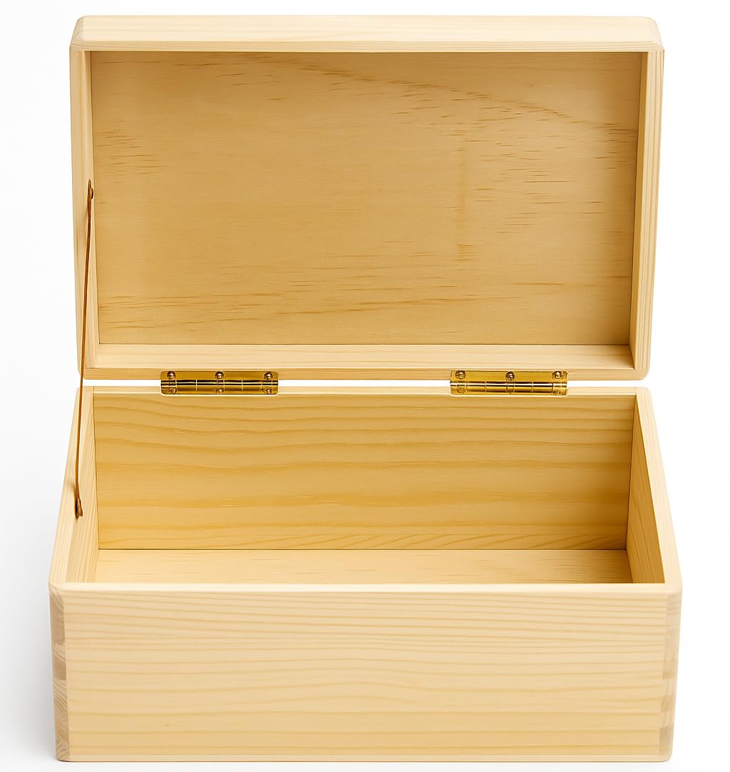 khevga Wooden Box with Lid, Solid Pine Wood, 30 x 20 x 14 cm, Unpainted DIY Storage & Memory Box for Photos, Toys & Keepsakes