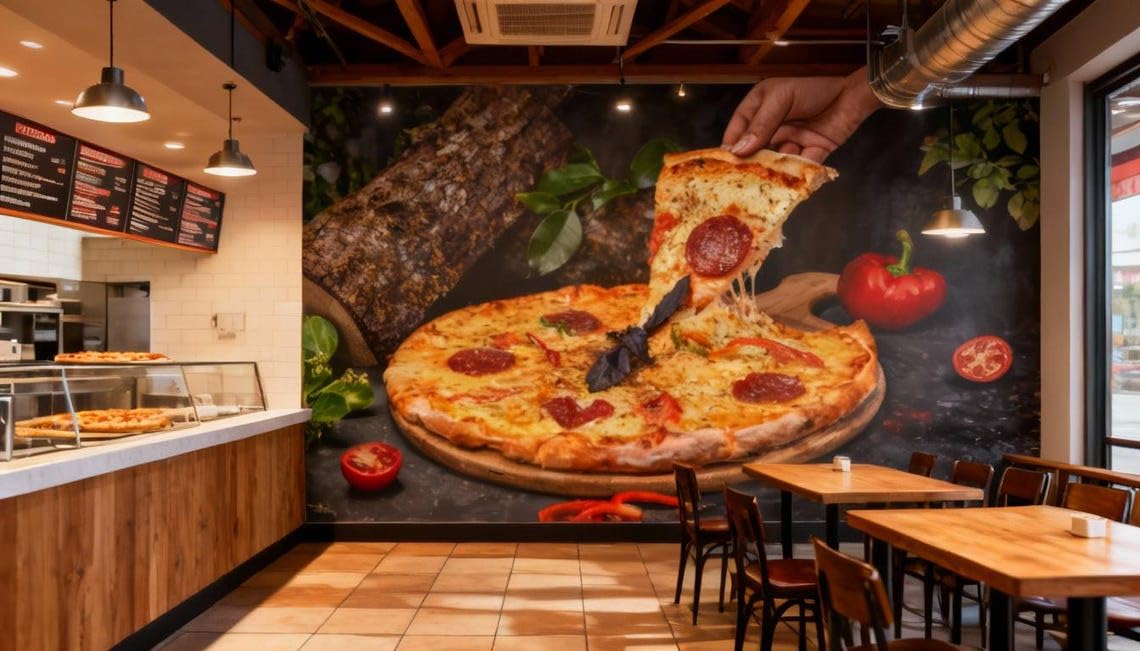 Sunny Graphics Print Pizza Slice Photo Wall Mural Bold Food Art for Kitchen Café Pizzeria Commercial Space Restaurant Vibrant Interior Decoration Wall Covering