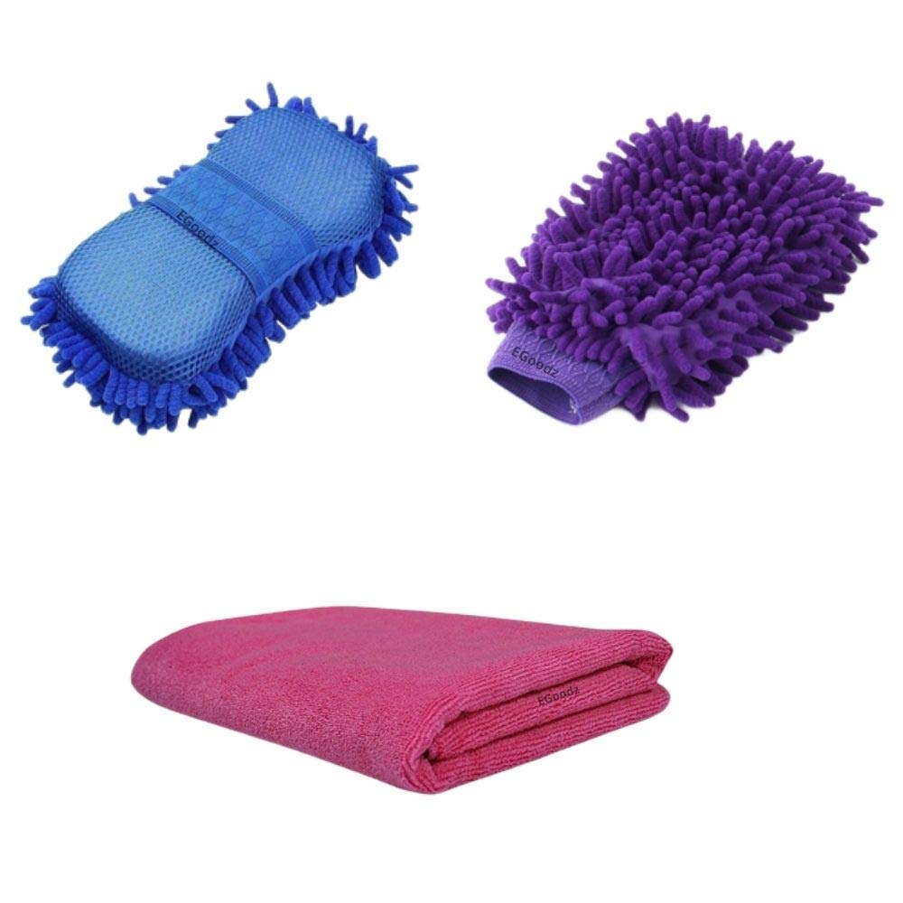 EGOODZ Multipurpose Microfiber Cleaning Cloths and Car wash Sponge Combo with Multipurpose Chenille mitt Gloves - Multicolor (3 in 1 Combo)