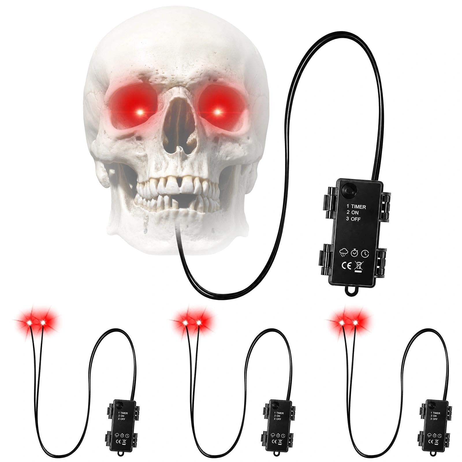 Red Glowing Skeleton Eyes with Timer, Waterproof Halloween LED Lights