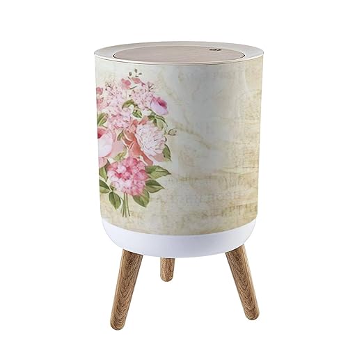 Bote de basura pequeño botánico floral bohemio chic con tapa, guirnalda de flores florecientes, primavera, jardín, redondo, papelera de reciclaje,