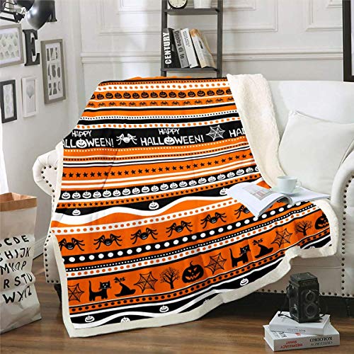 Loussiesd Pumpkin Lantern Halloween Themed Throw Blanket for Couch Chair Sofa Ghost Spider Decor Orange Black Stripe Warm Plush Blanket Baby 30"x40"
