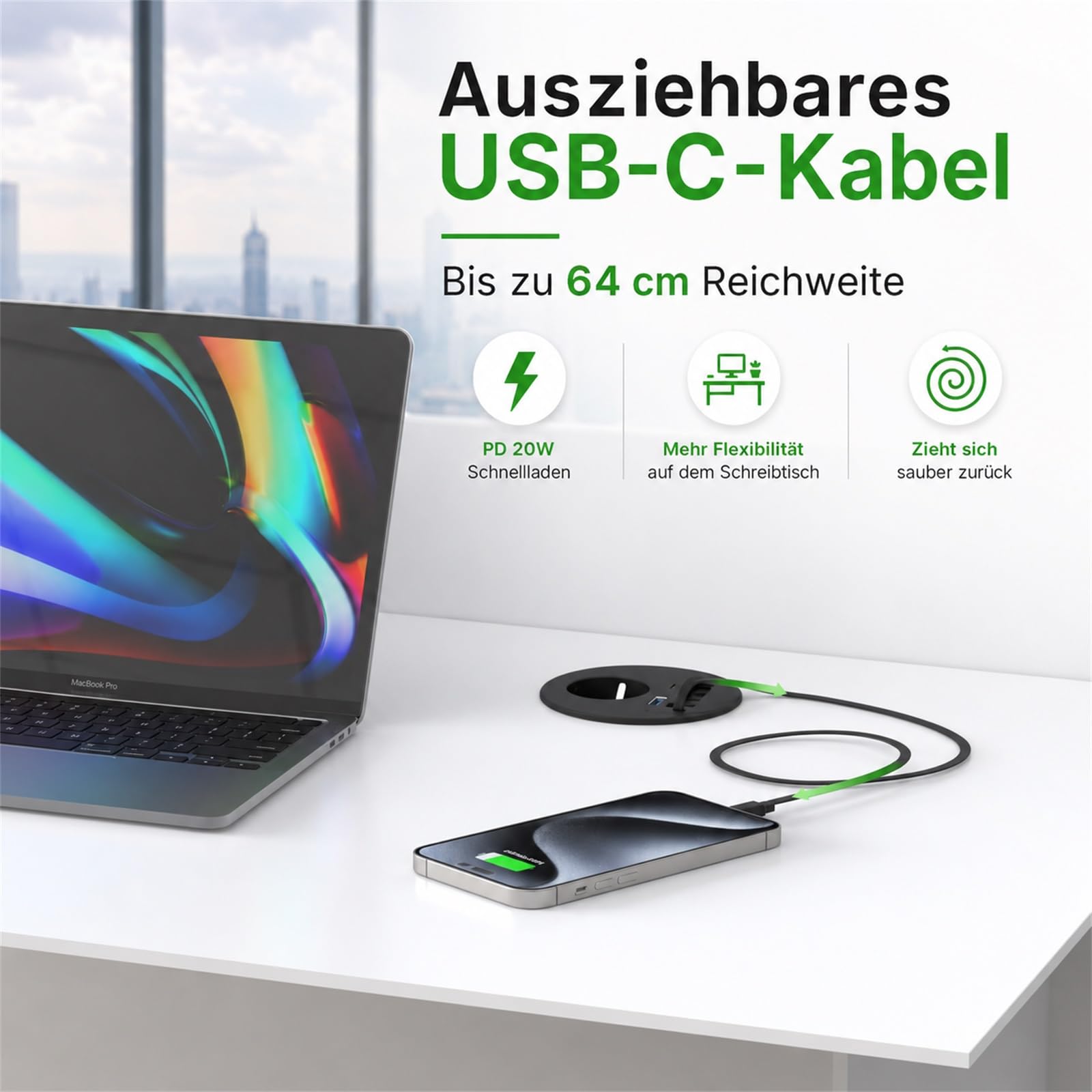 Einbausteckdose mit einziehbarem USB-C-Kabel für Schreibtisch