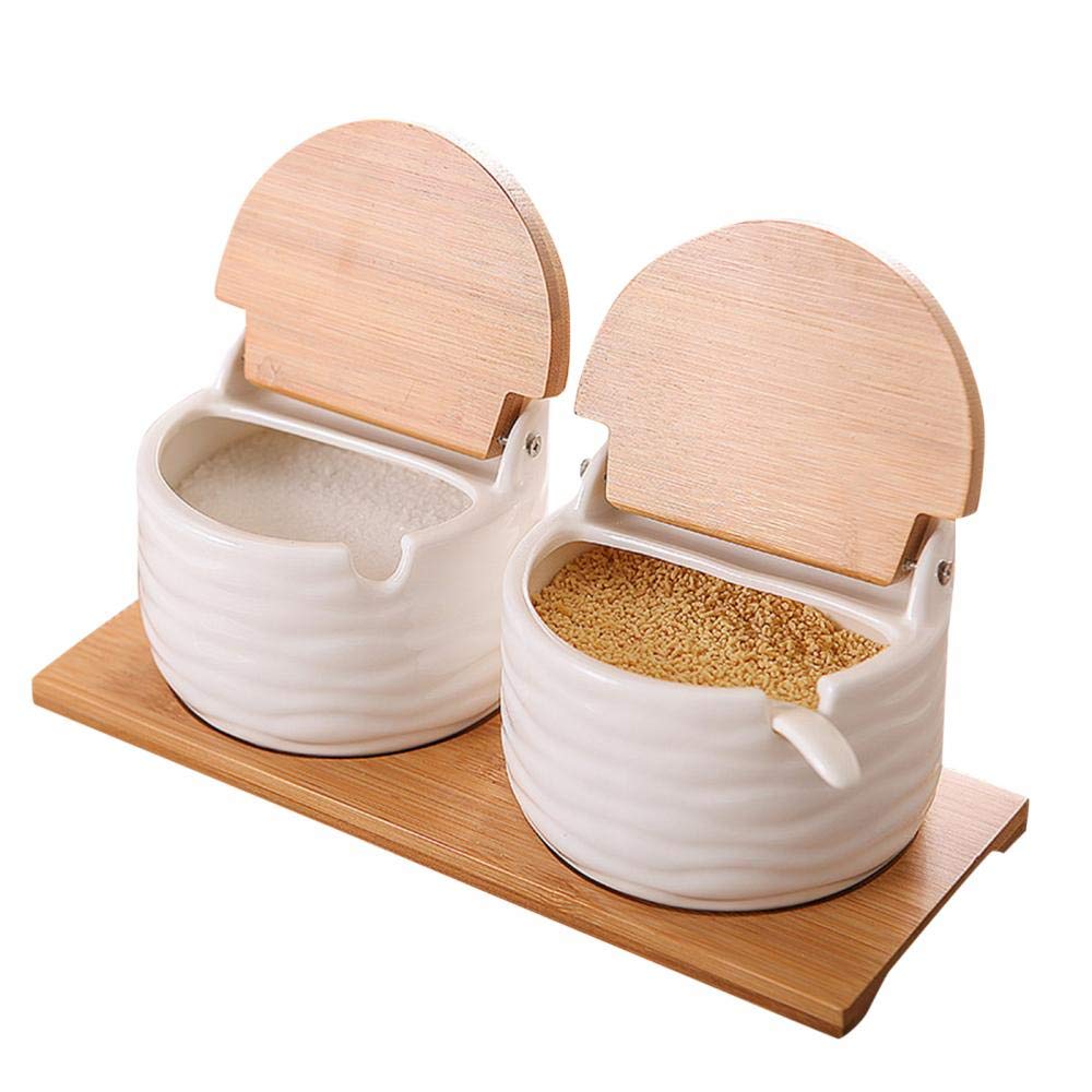 Lot de pots à épices en céramique avec couvercles et cuillères en bambou, pots d'assaisonnement en porcelaine pour le rangement de la cuisine, parfaits pour le sel et les épices
