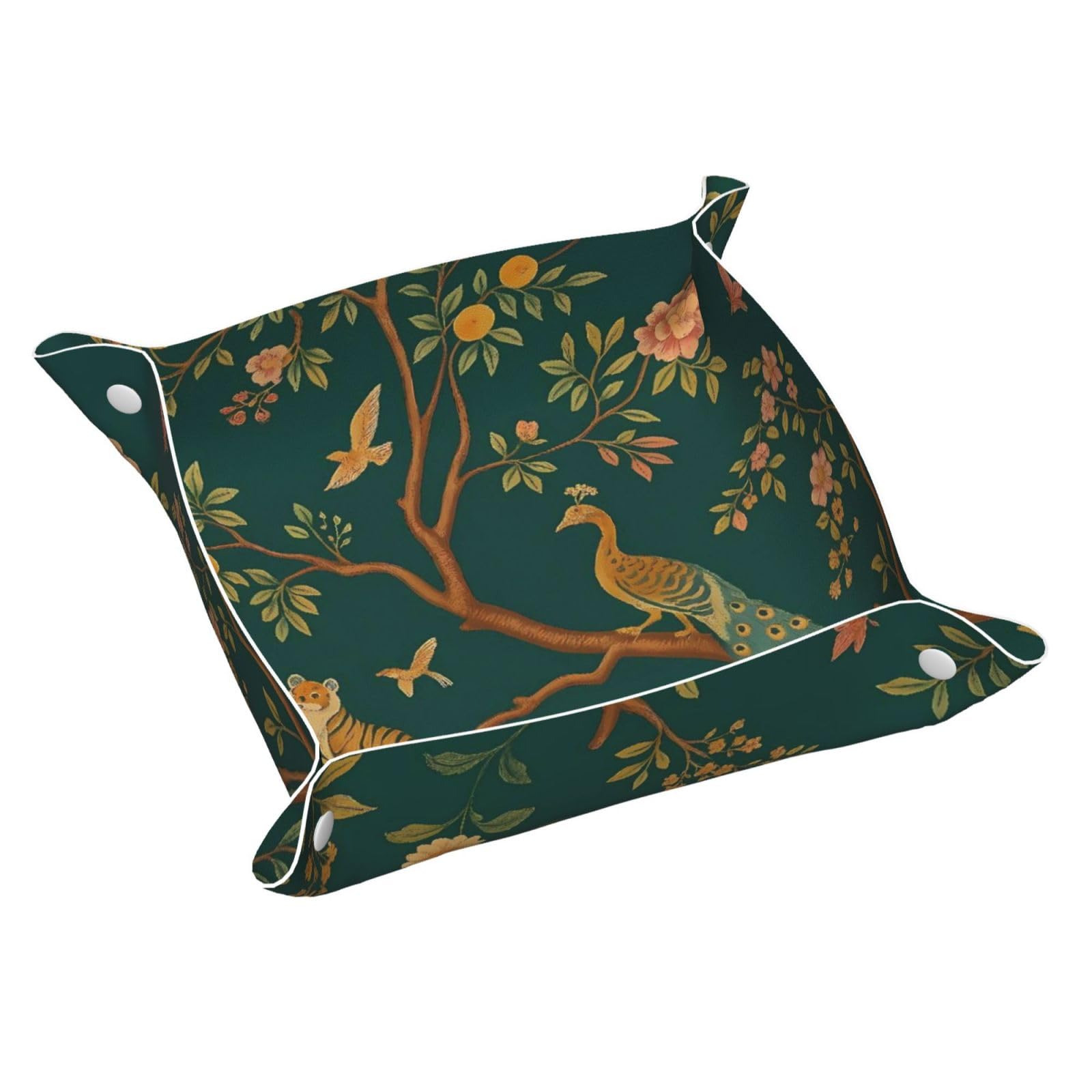 HLBSDM Vintage Tiger and Gold Peacock Tray Men's Leather Valet Parking Portable Entrance Trays Bedside Storage Box