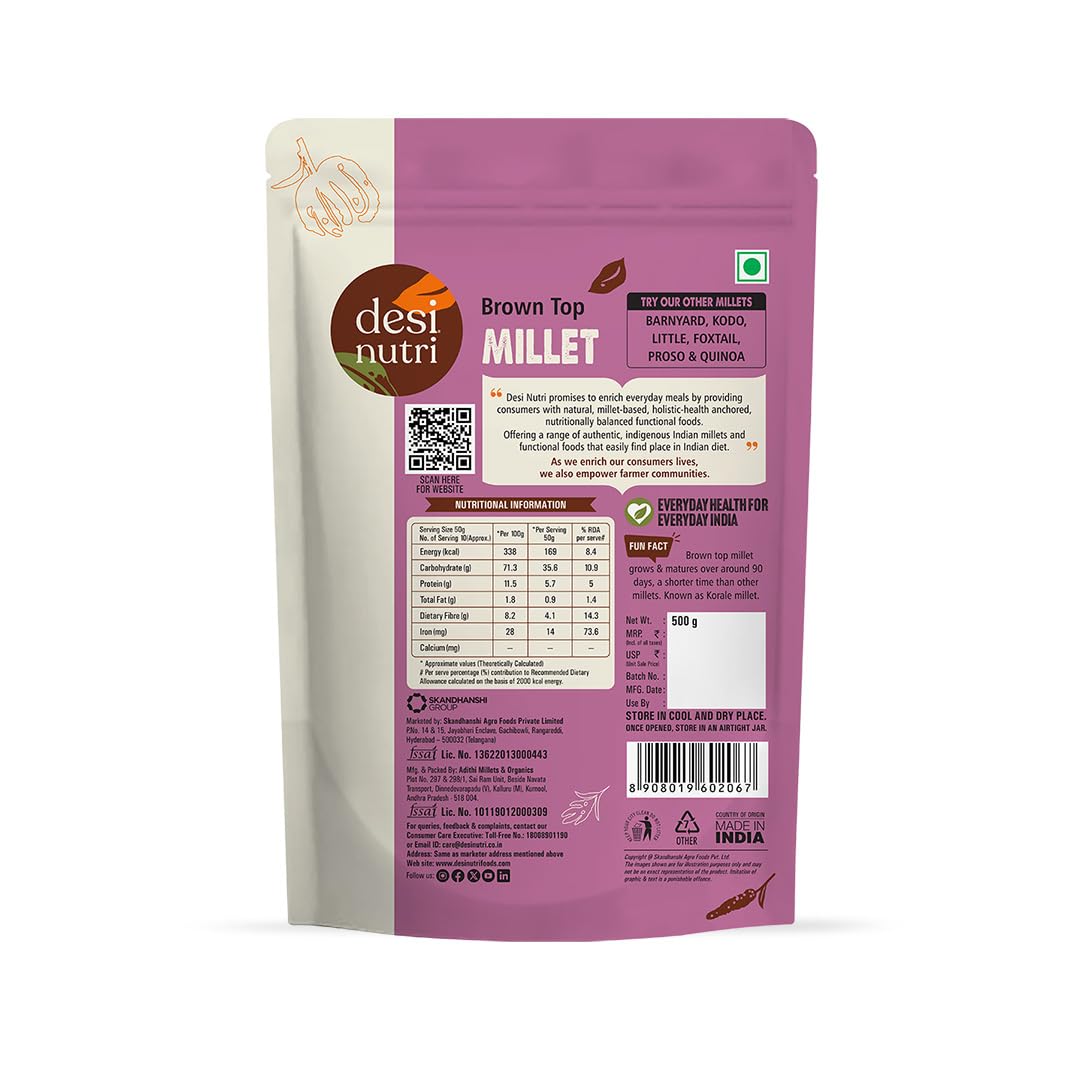 Desi Nutri Brown Top Millet Grains | Millets | Natural Grains | Andu Korralu | Korale | Choti Kangni | Brown Top Millet - 500 gms, Pack of 1