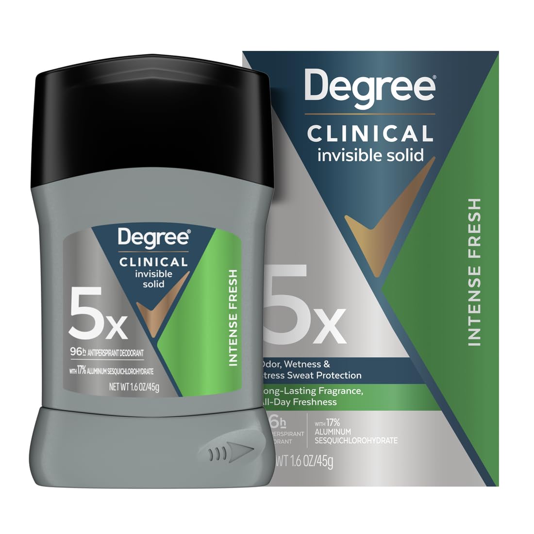 Degree Clinical Strength Antiperspirant Deodorant for Men 96-Hour Sweat and Odor Protection Intense Fresh Invisible Solid 5x Types of Sweat