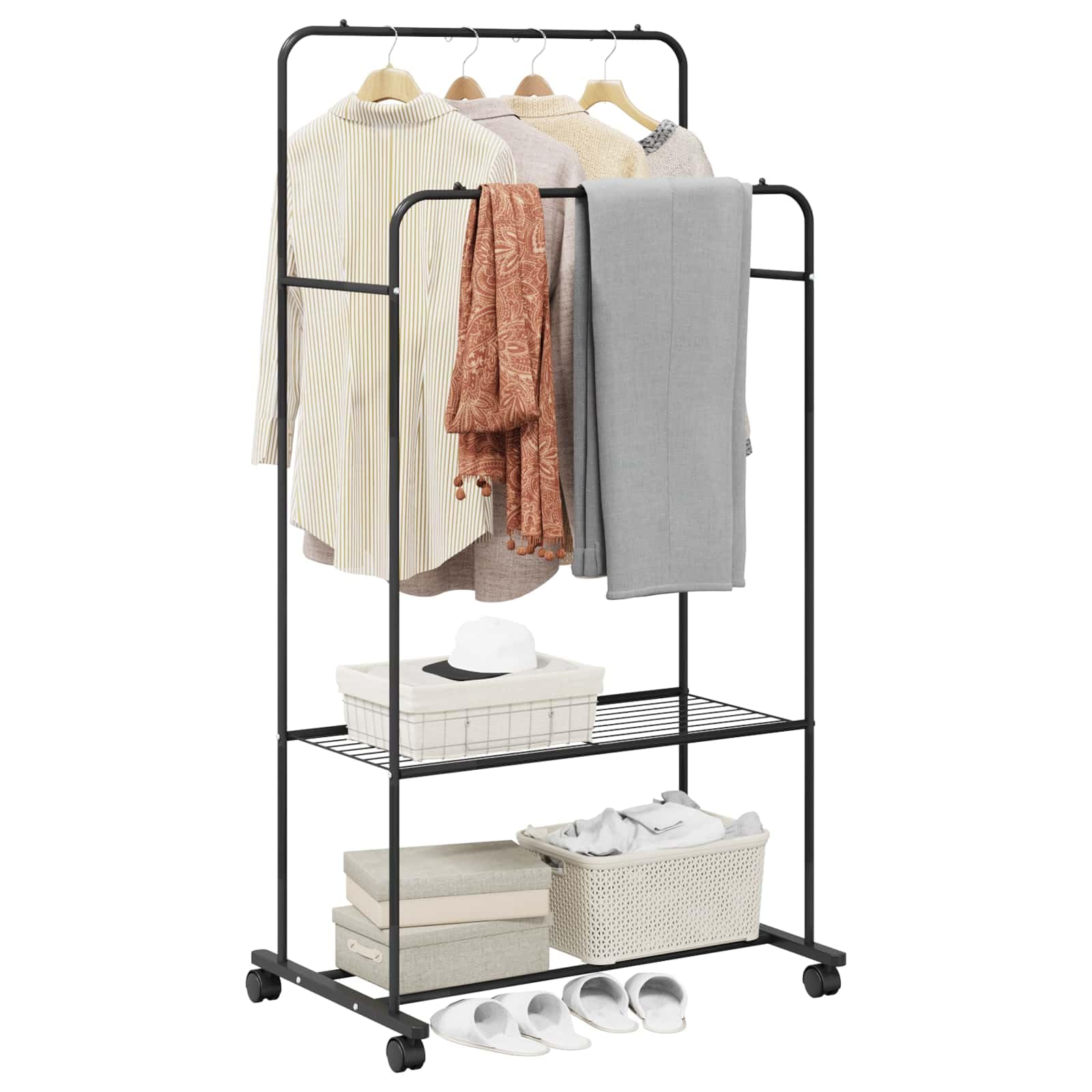 Kleiderständer mit Regal und Rollen Schwarz 80 x 53 x 156 cm Metall Garderobenständer mit Ablage für Flur Schlafzimmer und Ankleidezimmer platzsparend Organizer modern
