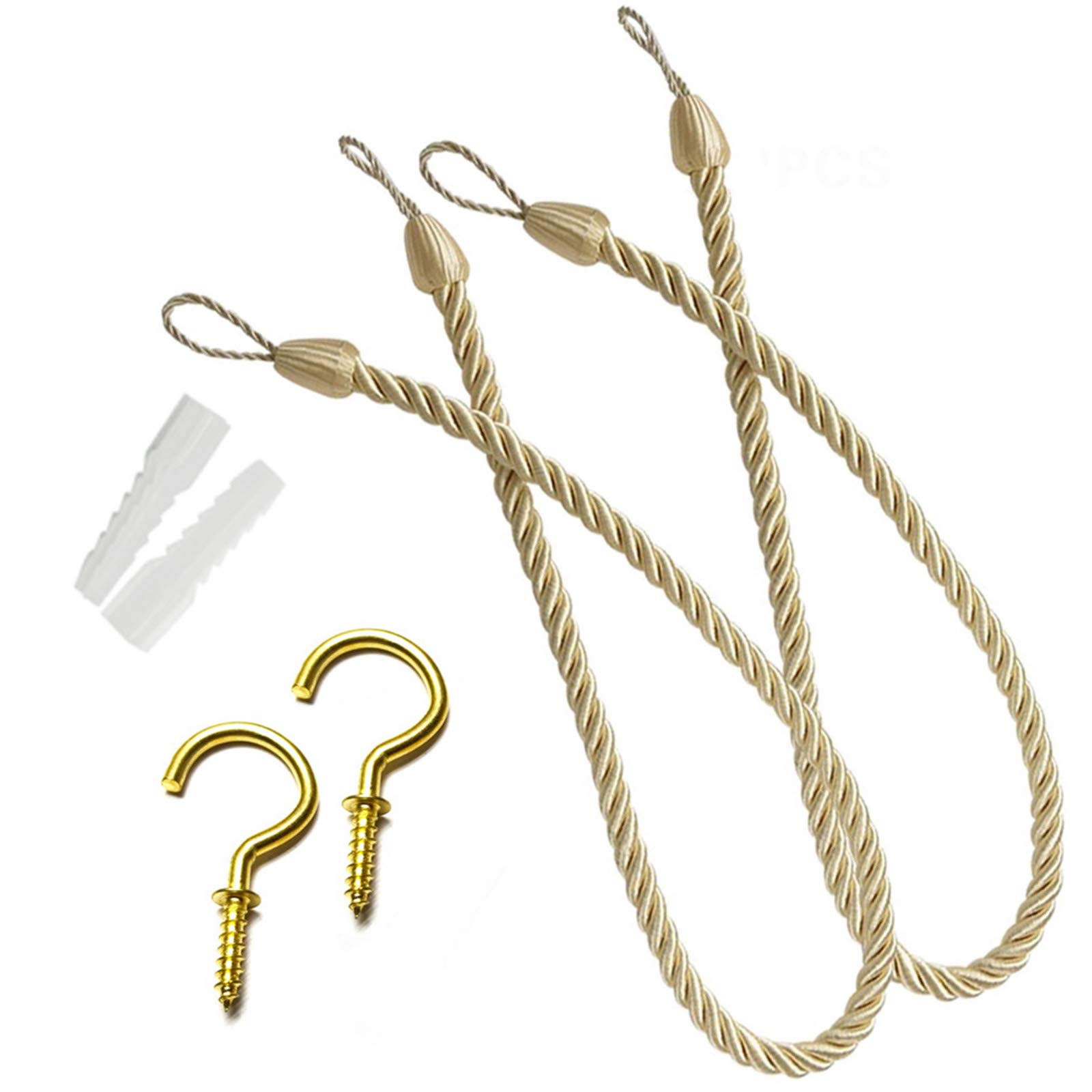 NANAOUS Curtain Tiebacks, Rope Tie Backs for Curtains 2 Pack, Decorative Handmade Curtain Holdbacks with 2 Metal Screw Hooks for Home Bedroom Office (Gold)