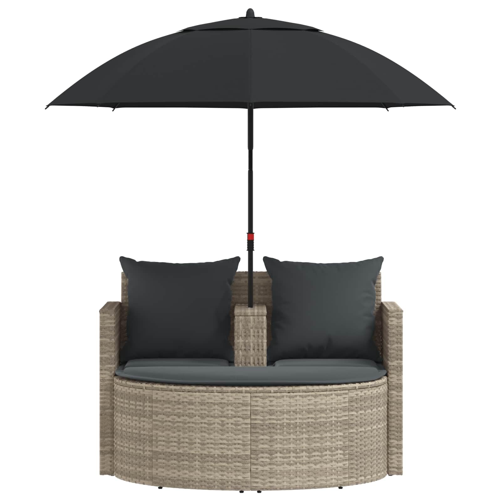 Set divano da giardino con ombrellone in polyrattan grigio | Comodo set lounge a 2 posti con tettuccio parasole inclinabile e sgabello per terrazza, giardino e veranda in grigio chiaro.