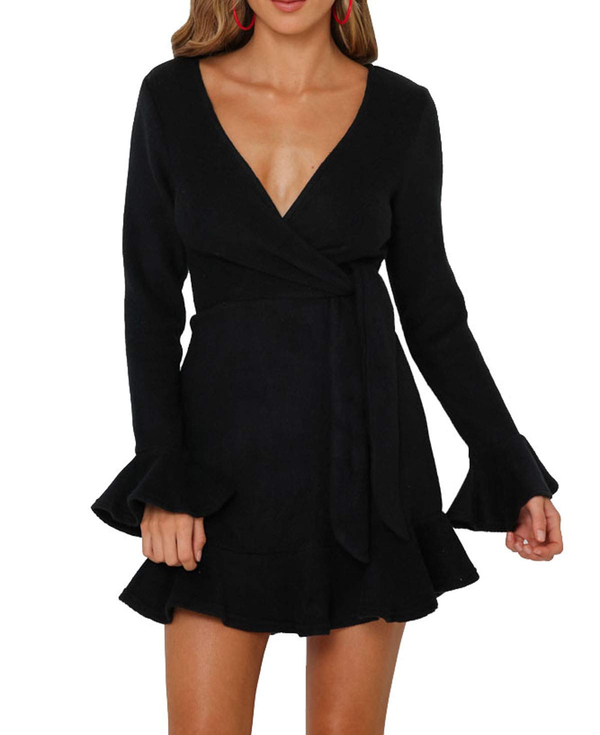 R.Vivimos Women's Winter Long Sleeve V Neck Ruffles Sweater Dresses Mini Dresses