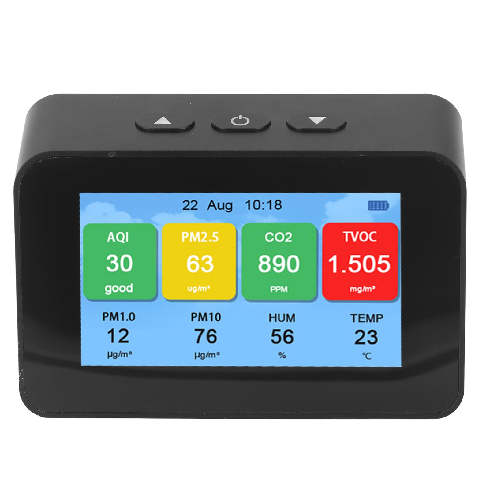 Hyuduo Monitor de Calidad del Aire, Detector LCD CO2 PM2.5 PM1.0 PM10 con Pantalla de Tiempo, Probador de Calidad del Aire Recargable Micro USB 3000 MAh para Uso en Interiores y Oficinas en el Hogar