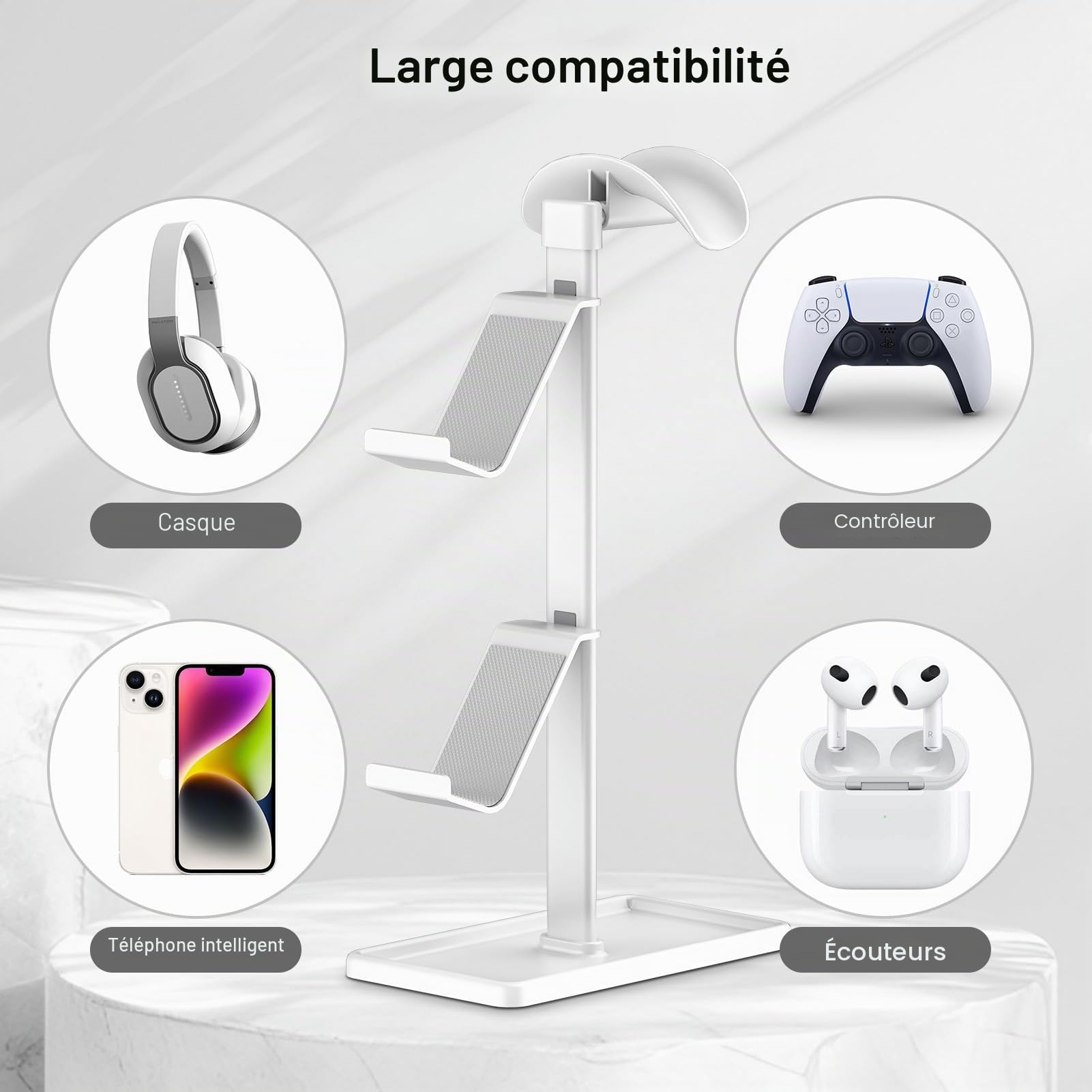 Support Manette, Support Casque, Gamer Porte Manette pour Xbox PS5 PS4 Switch, Headset Stand avec Organisateur de Rangement, Accessoire Bureau Gaming (Blanc)