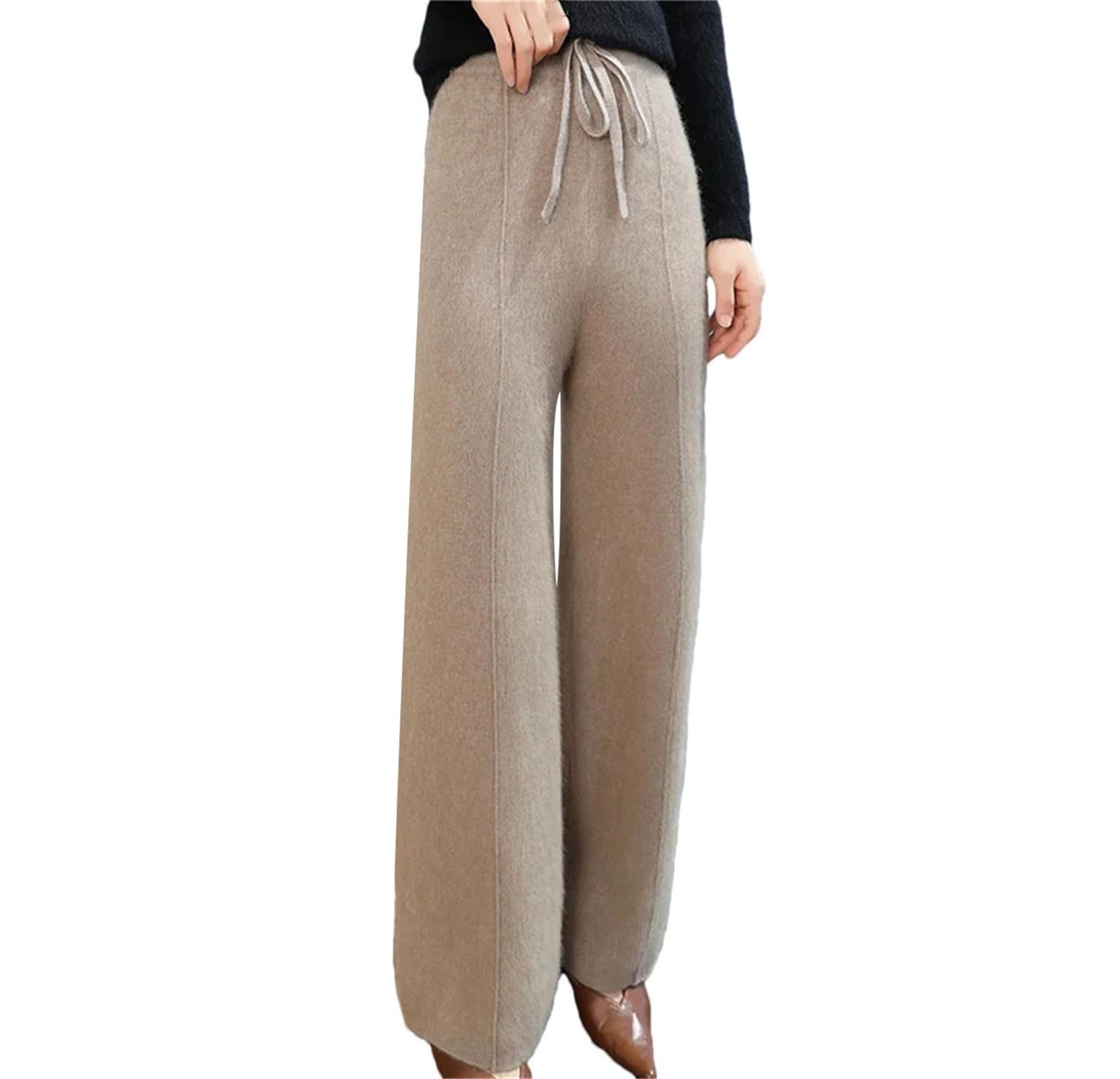 Kelsiop Pantaloni da donna a gamba larga con lacci elasticizzati in vita pantaloni in cashmere pantaloni invernali piatti senza deformazioni