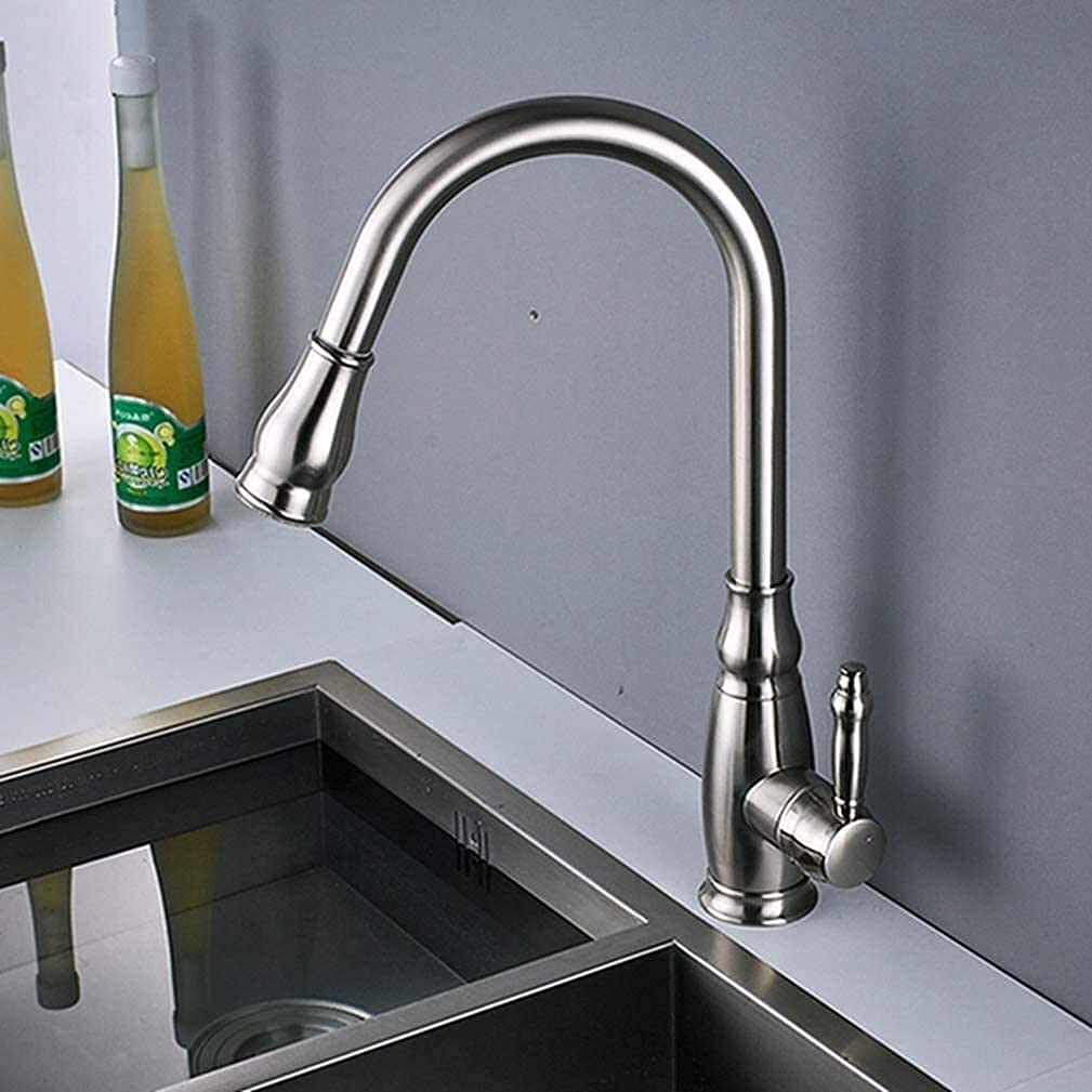 Faucets,Solid Brass Kitchen Faucet Pull Out Spray Head Kitchen Tap Single Handle Cold Hot Water Mixer Tap Spout Sprayer Swivel 360 Degree Water Mixer/Brushed Nickel (Brushed Nickel)
