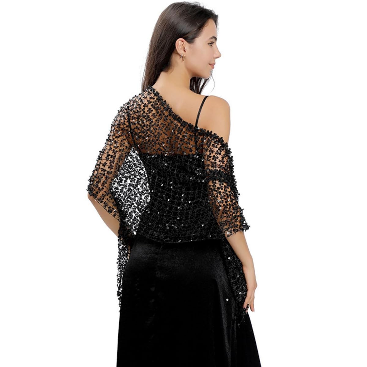 Samheng Women's Black Sequin Shawls For Evening Dresses, Vintage Sequin Shawls And Wraps For Formal Party, 1920S Light Soft Scarf Wedding Sparkle Cape Cover Up Wedding Accessories For Disco Cosplay Party Carnival