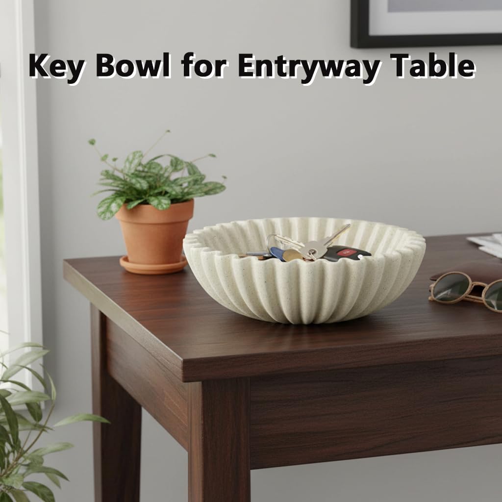 Large Decorative Bowls for Home Decor - Handmade Key/Purse Bowl for Entryway Table - Fruit Bowl for Kitchen - 10" Beige Resin Coffee Table Decor
