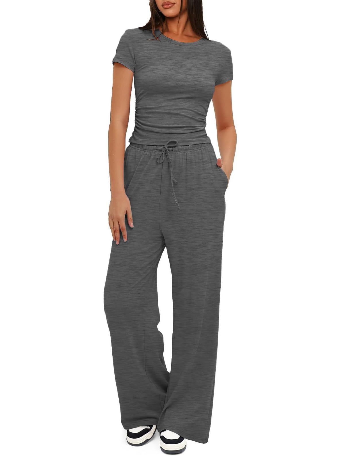 Chándales Para Mujer Fashion Casual Conjunto Deportivo de Cintura Alta con CordóN Para Mujer 2-Piezas Suave Top Manga Corta PantalóN Pata Ancha