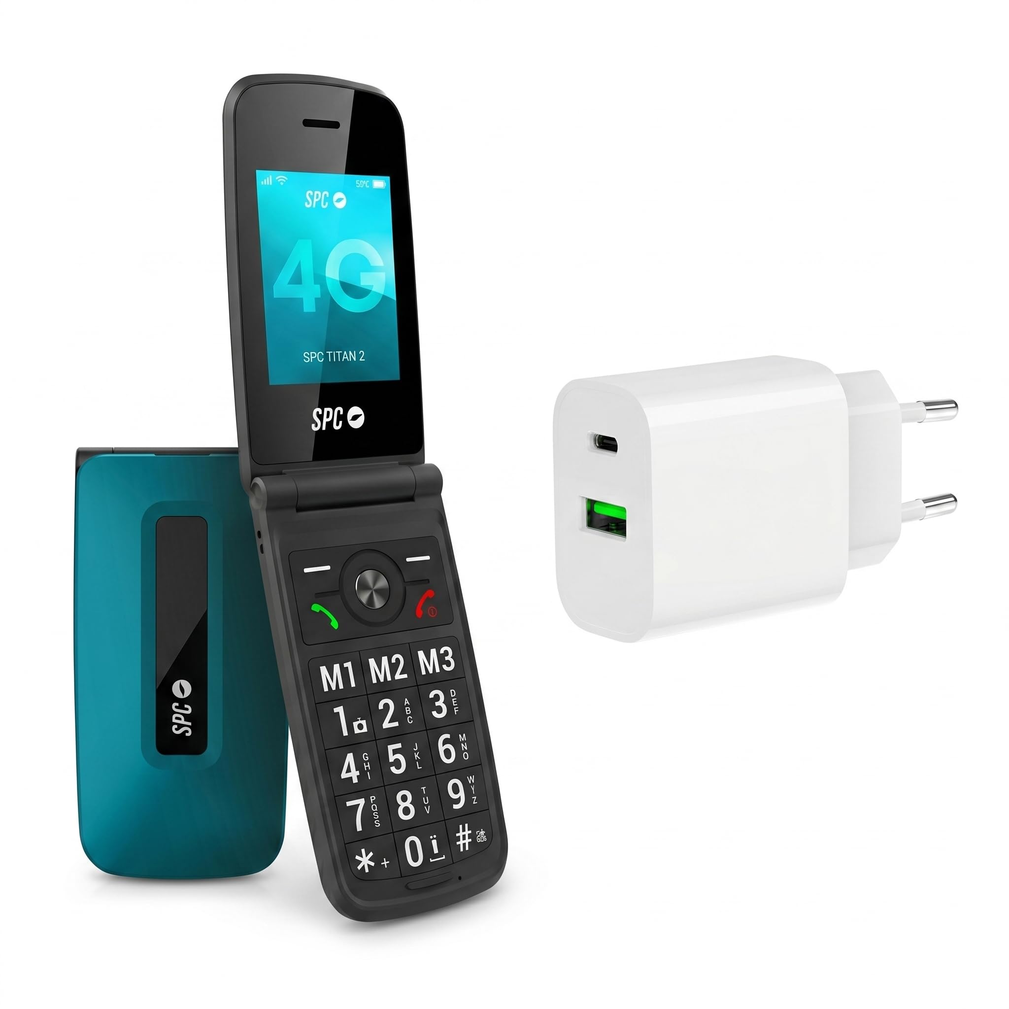 SPC Titan 2 + Cargador 20W | Teléfono móvil de para Mayores con Teclas Grandes, 4G, Timbre Alto, 2,4” | Fácil de Usar y configuración remota | 3 memorias directas | 7 días batería | Azul