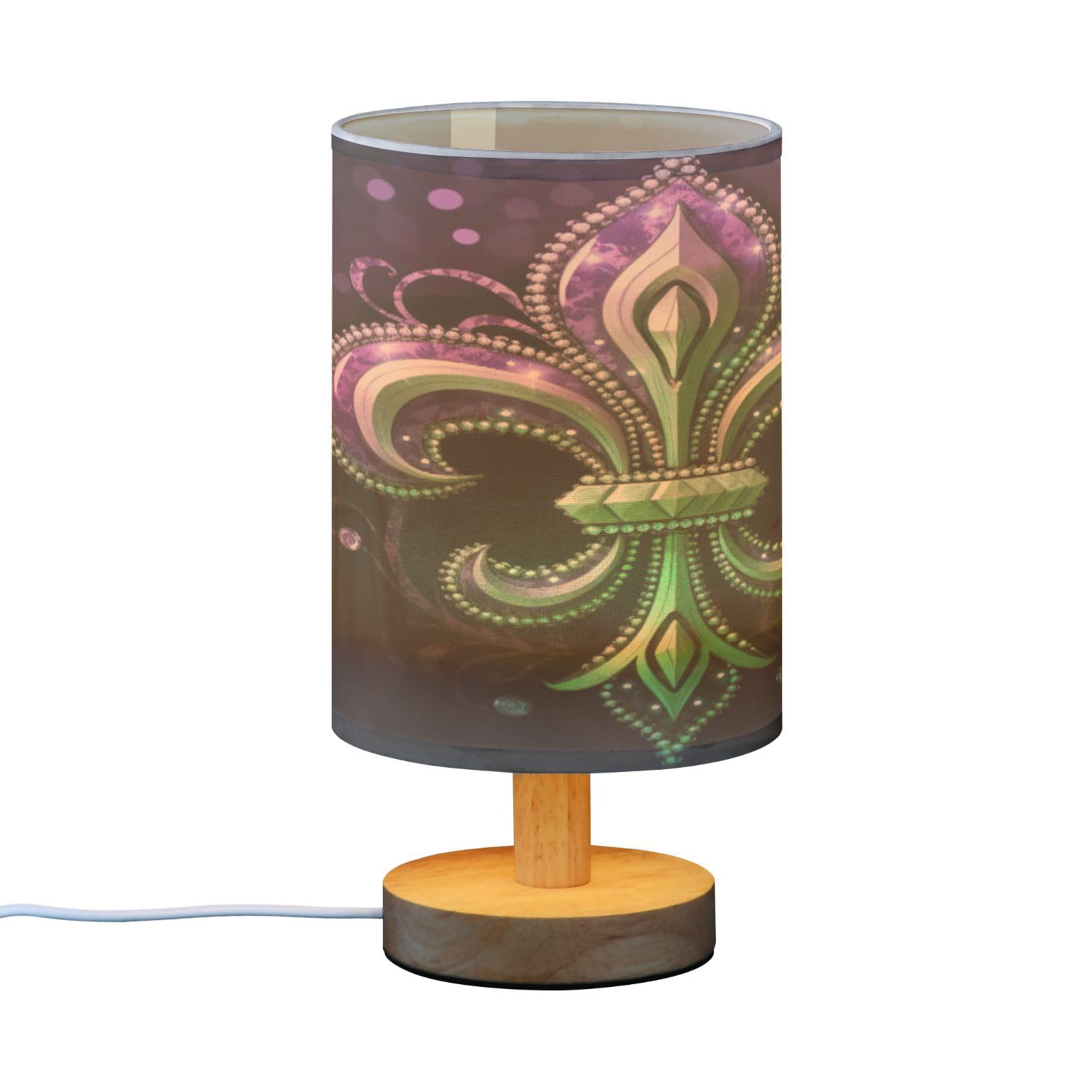 SDMKA Mardi Gras Purple Bedside Table Lamp for Bedroom, Minimalist Nightstand Lamp with Round Fabric Shade for Living Room, Office, No Bulb Required