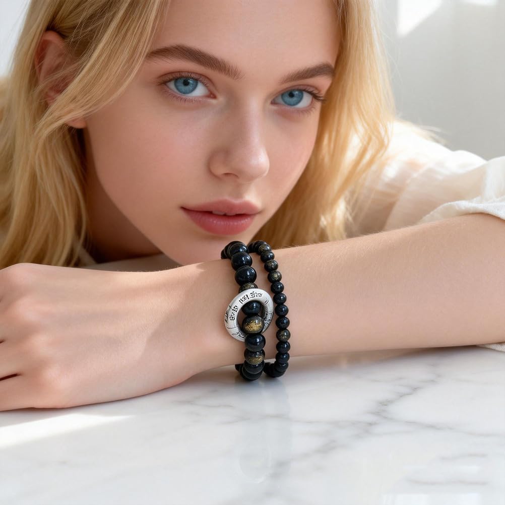 Bracciale in Ossidiana Nera Naturale con distanziatore in Argento Sterling Perline di Cristallo protettive con Accento ad Anello fluttuante, Gioielli Elasticizzati per Uomo e Donna