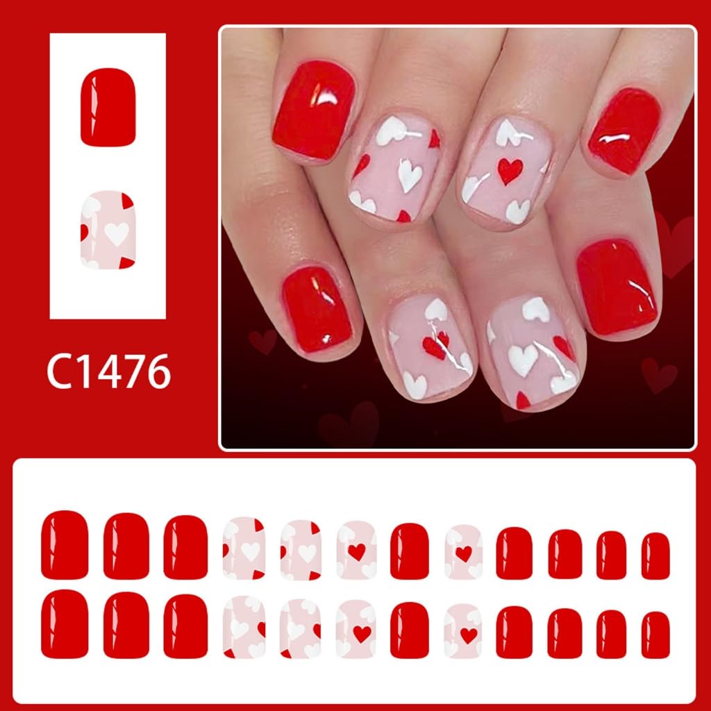 24Pcs Valentine Glossy Short Square Fake Nails With Red White Hearts Design