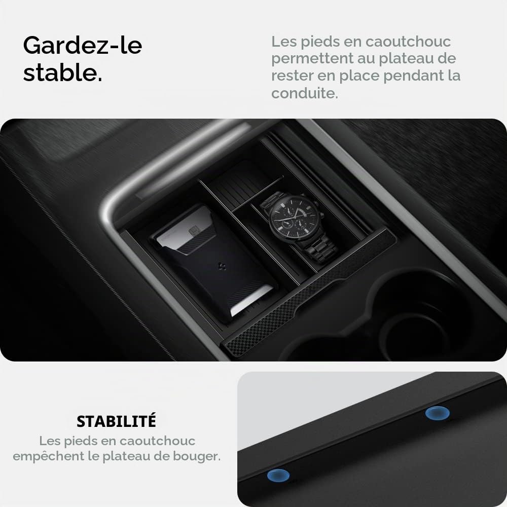 Spigen Tesla Model Y (~2024) Model 3 (2021-2023) Organiseur Console Centrale [Technologie Coulisser], Plateau de Rangement pour Console Centrale, Accessoire Tesla - Édition Carbone