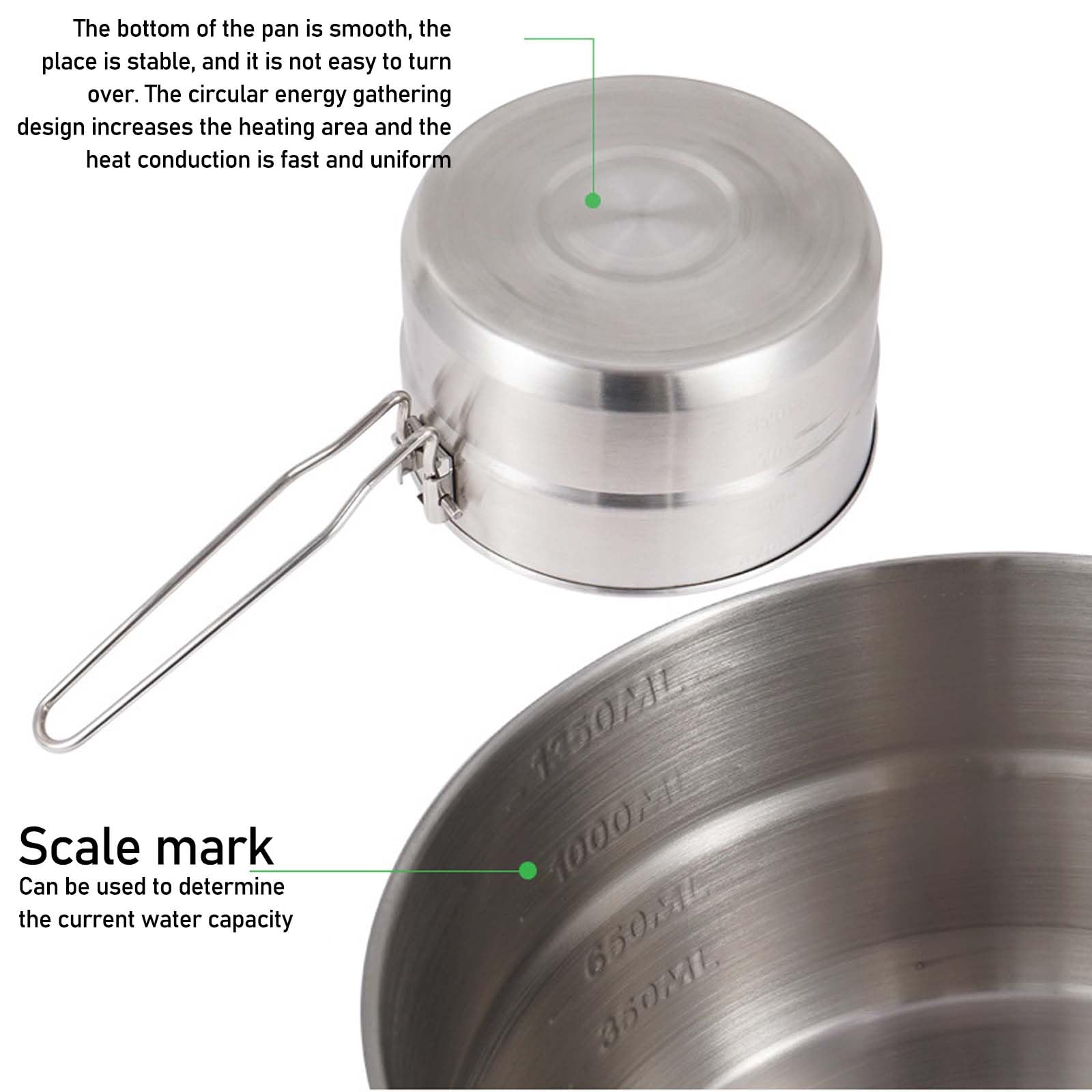 Set di stoviglie da campeggio, in acciaio inox, 1,5 l, con coperchio e manico pieghevole, per campeggio, escursioni, picnic