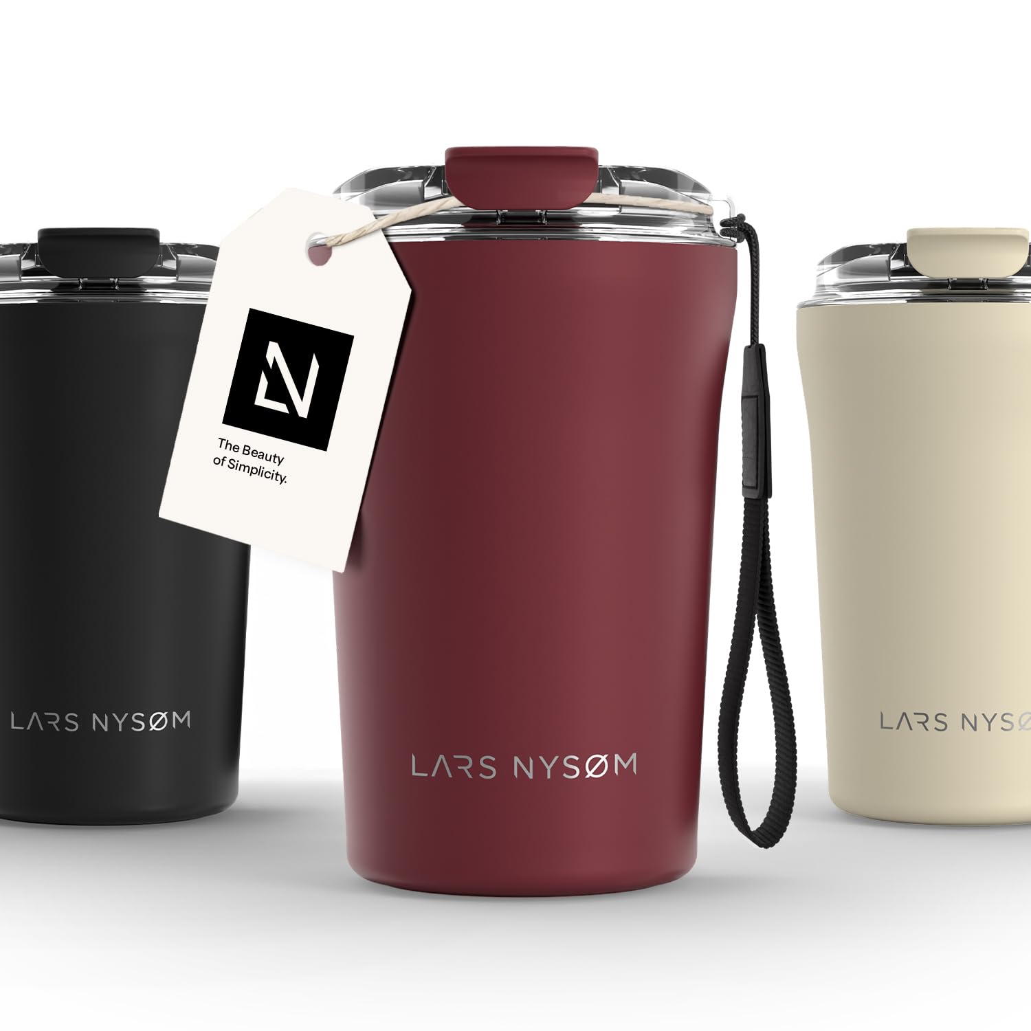 LARS NYSØM Thermo Kaffeebecher to go mit Trageschlaufe & Tritan Deckel | Travel Mug 0,38 Liter mit Isolierung | Auslaufsicherer Edelstahl Thermobecher für Café & Tee (Berry Red, 380ml)