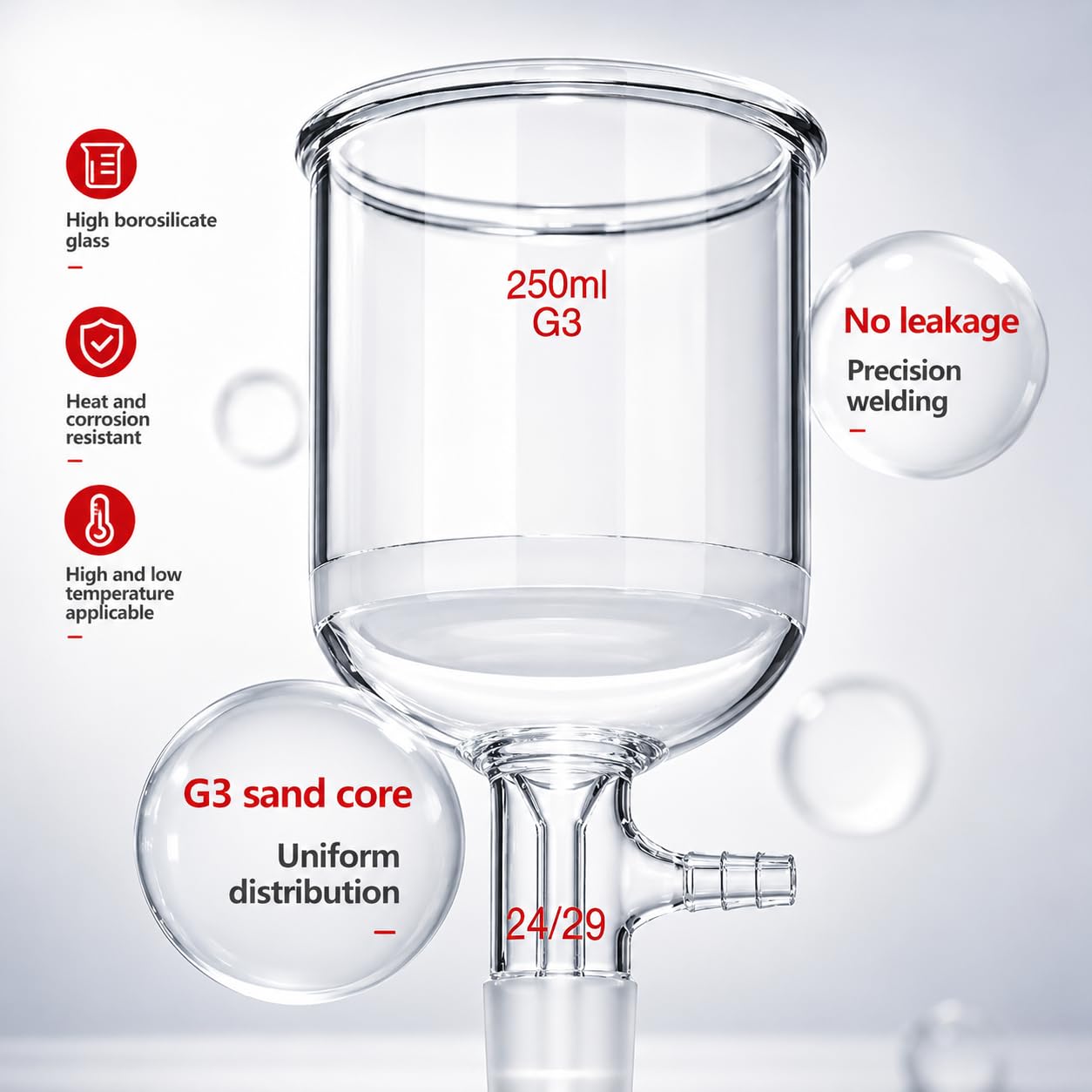 G3 Buchner Kit de filtración de embudo Aparato de destilación de filtración de vacío de laboratorio con embudo de filtración de núcleo de arena y matraz Erlenmeyer y tubo de goma (500ml)