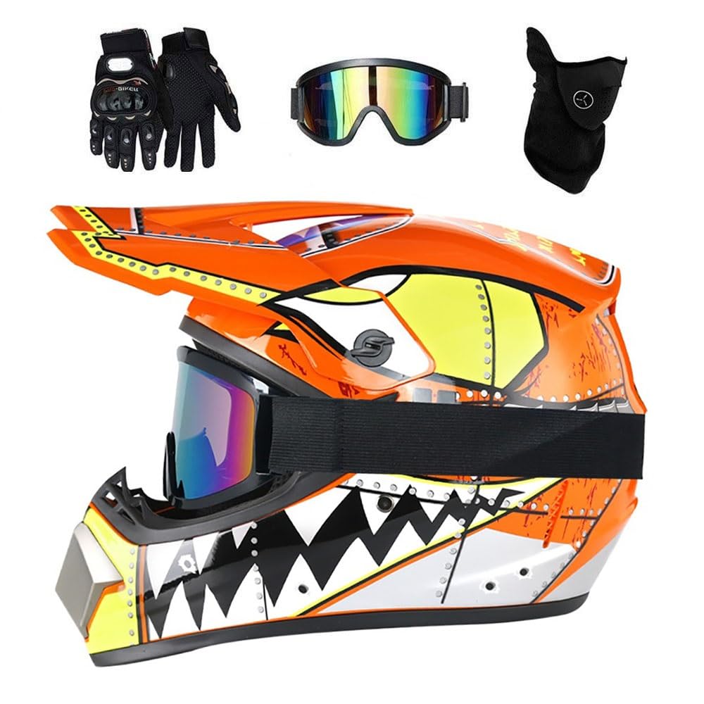 Youth Kids Motocross Helmet Set, with Goggles Gloves Mask, Unisex Full Face Off Road Street Racing Motorbike Helmets, Downhill Enduro BMX MTB ATV Quad Dirt Bikes Helmet(Orange,M/54-55CM)