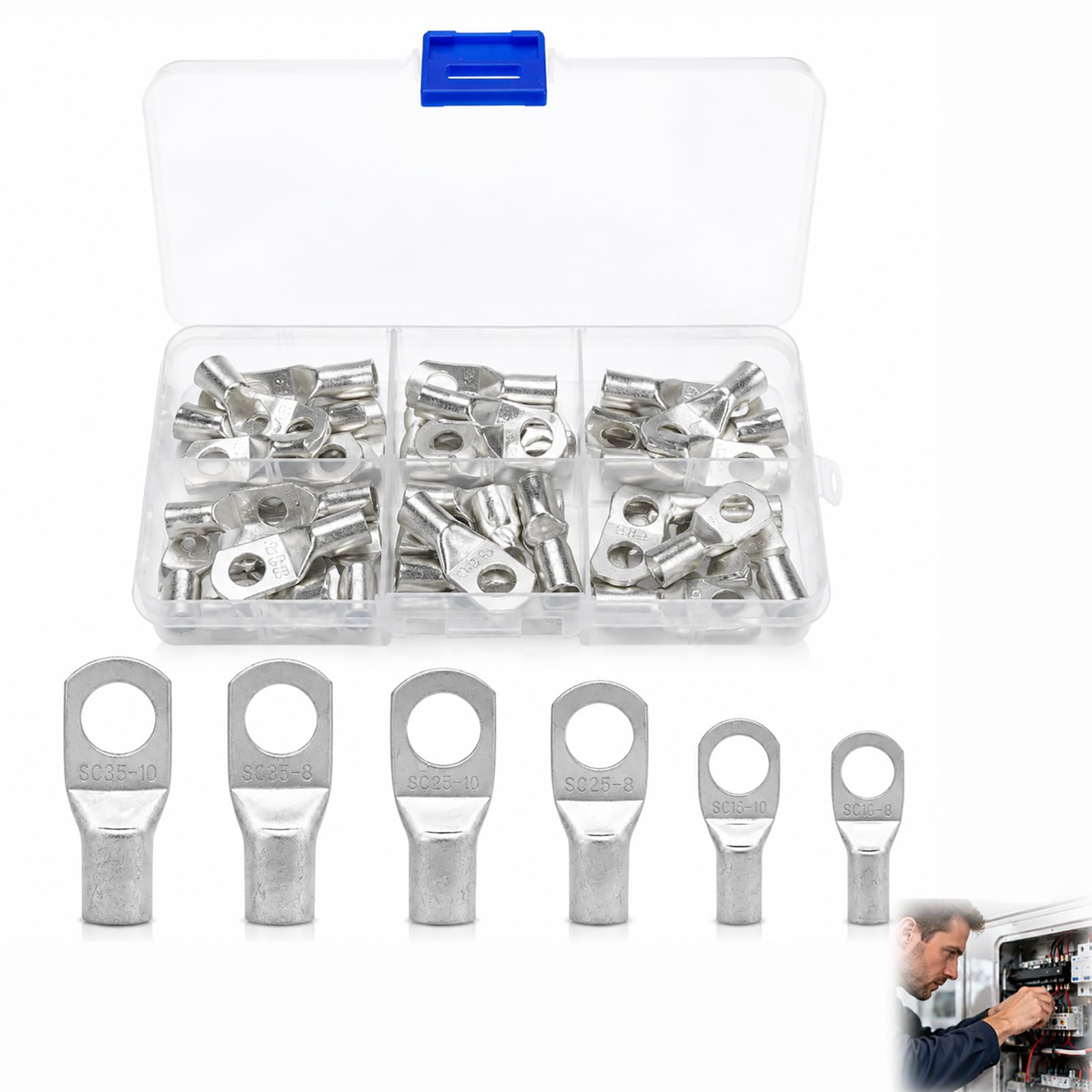 30er Pack Rohrkabelschuhe, Ringkabelschuhe Verzinntem Kupfer, SC Kabelschuhe 16 mm² 25 mm² 35 mm², Kabelschuhe M8 M10 für Batterie, Auto, Solar, Boot, Wohnmobil, Inverter und Stromkabel