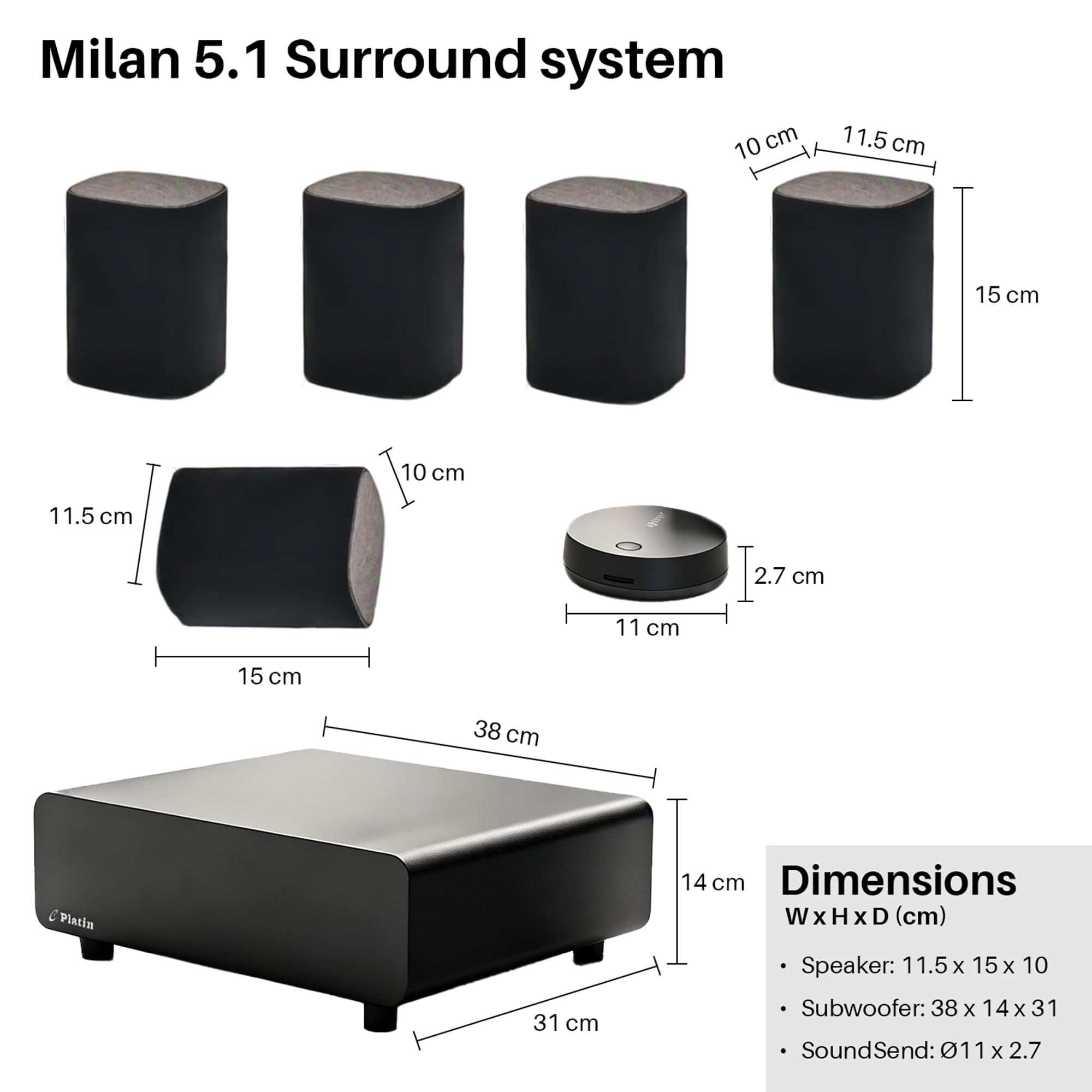 Milan Système audio 5.1 sans fil – Système audio home cinéma avec WiSA Low Latency, son surround pour TV, petit salon et appartement, compact, noir