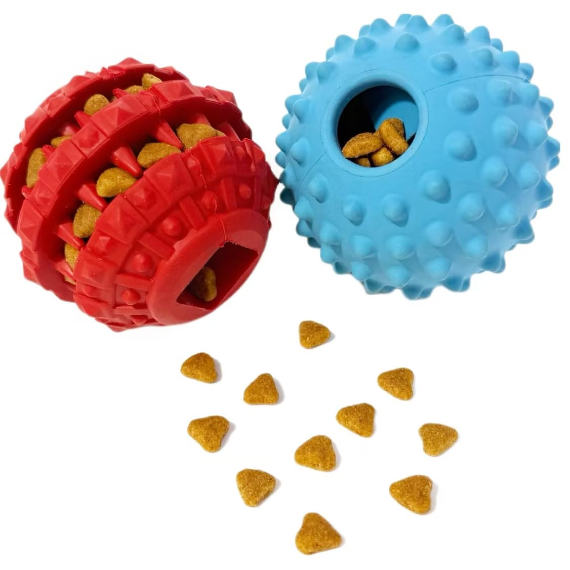 CIIVURR 2Pack Interactive Dog Puzzle Toys for Treat Dispensing, Durable Rubber Dog Balls for Teething, Treat Ball for Small/Medium/Large, Slow Feeder/IQ Training Blue-3.14‘’,Red-2.67‘’