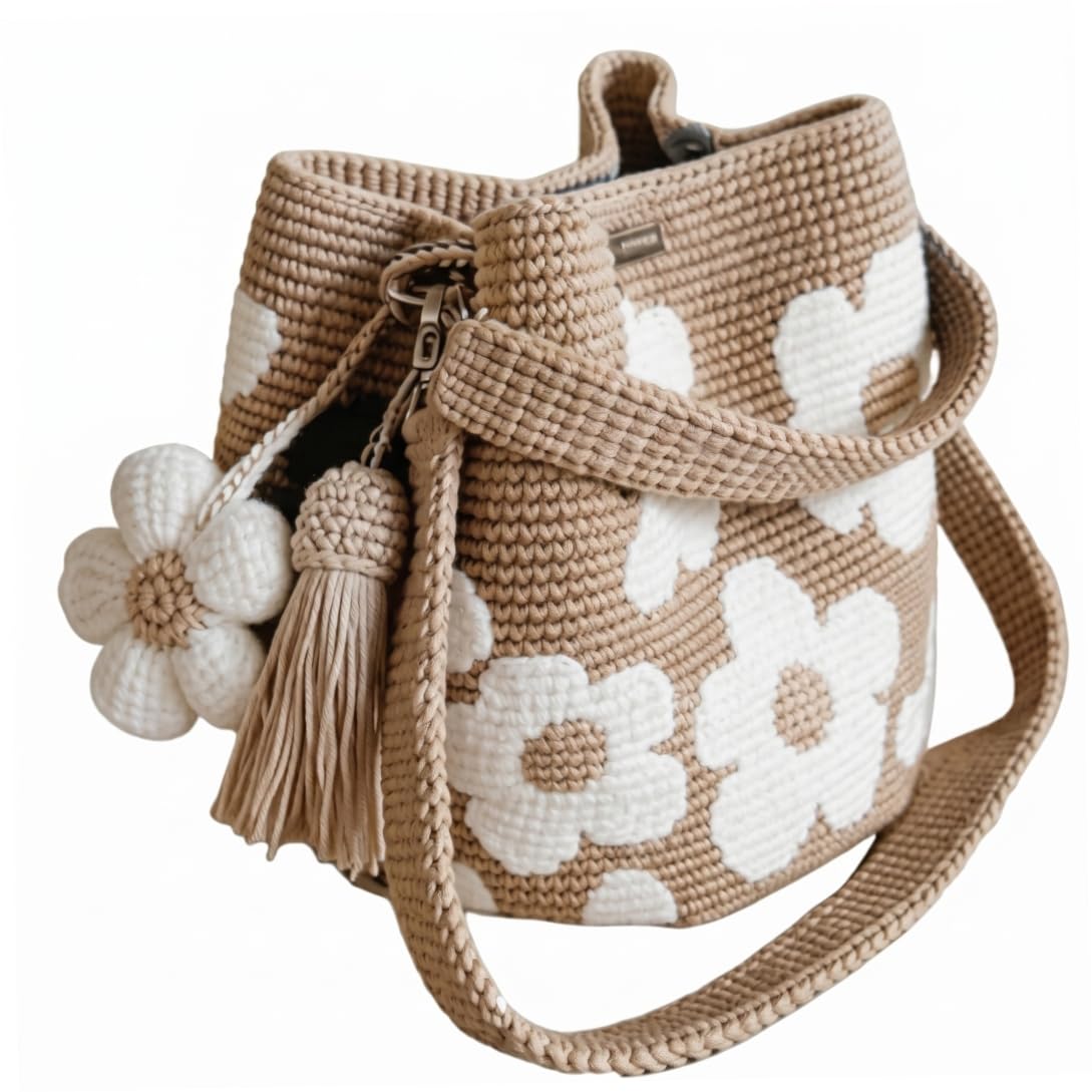 Whyzsjnclg Unisex Beige Crochet Tote Bag, Handmade Crochet Purse, Lightweight Spacious Woven Tote Bag With Removable Flower & Tassel - Purse