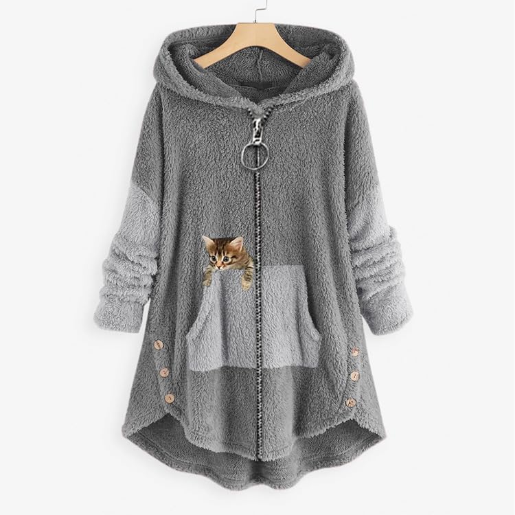 Womens Oversized Sherpa Zip Up Hoodie Cat Print Fuzzy Fleece Jacket Long Sleeve Coat Casual Winter Outwear3